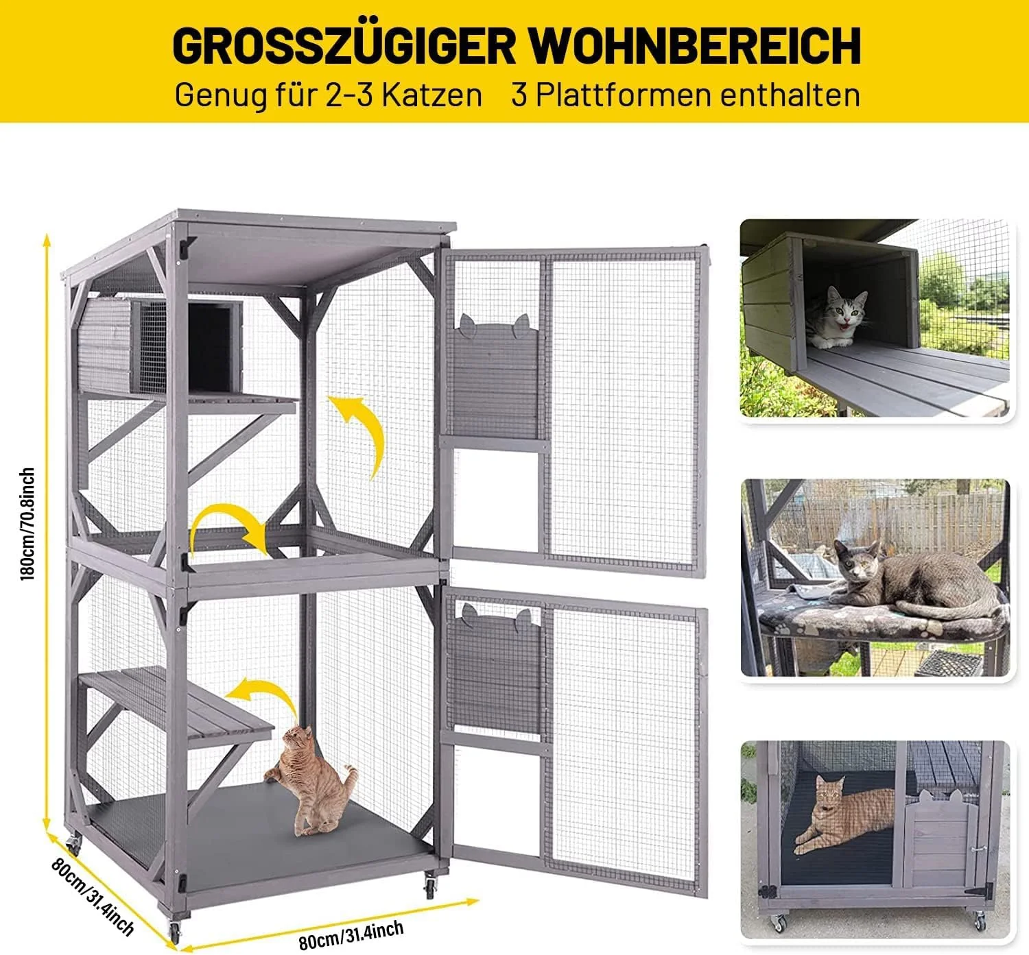 Kattenhuis Outdoor Catio Kitty Omheining met Super Grote Toegangsdeur, Houten Kattenkooi Condo Indoor Box met Platforms en Klein Huis