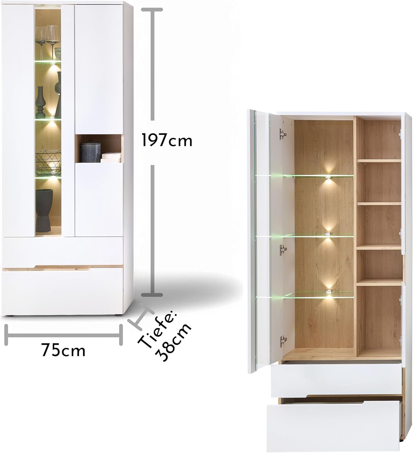 Stella Trading Memphis Vitrine in Weiß, Artisan Eiche Optik - Moderner Vitrinenschrank mit LED-Beleuchtung und viel Stauraum - 75 x 197 x 38 cm (B/H/T)
