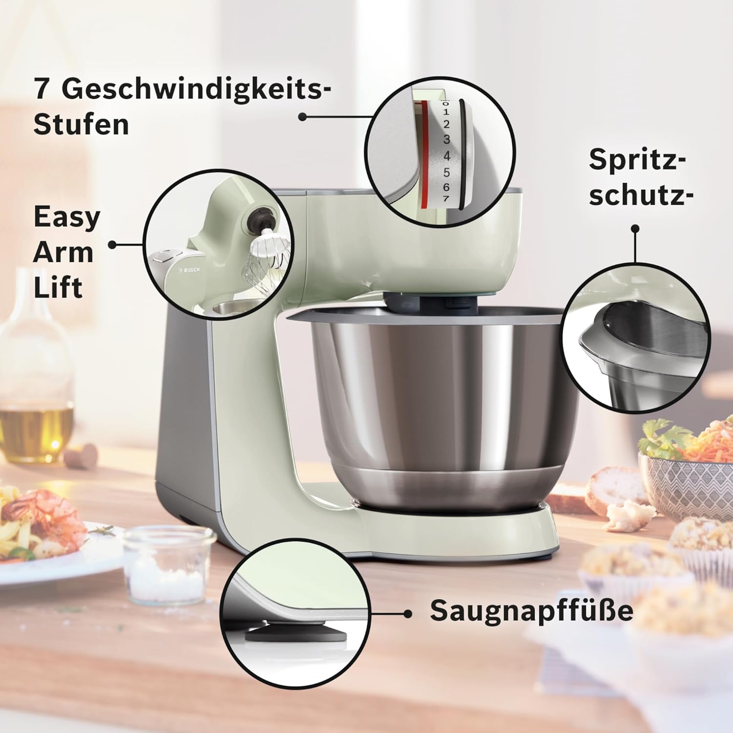 Bosch Küchenmaschine Serie 4 MUM58720,Edelstahl-Schüssel 3,9 L, Mixer 1,25 L, Planetenrührwerk,Knethaken,Schlag,Rührbesen, Durchlaufschnitzler, 3 Scheiben, 1000 W, Dunkelrot/Silber