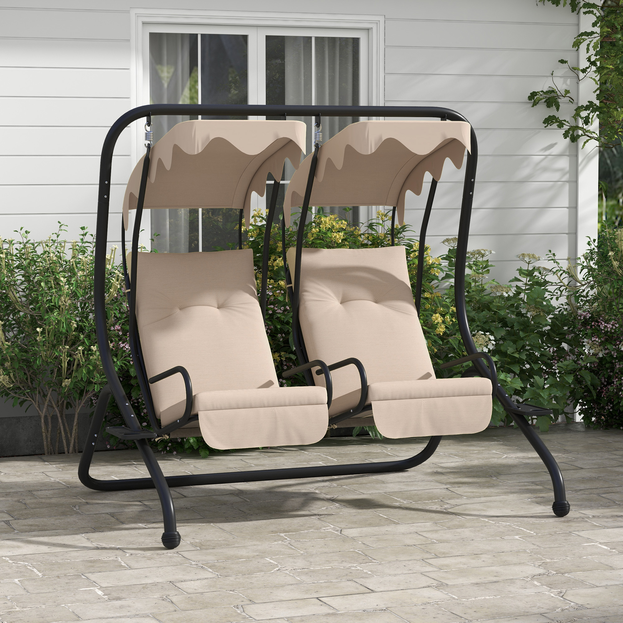 Tuinschommel Hollywoodschommel, weerbestendig, 2 gescheiden zitplaatsen, 2 bekerhouders, 170 cm x 136 cm x 170 cm, Beige