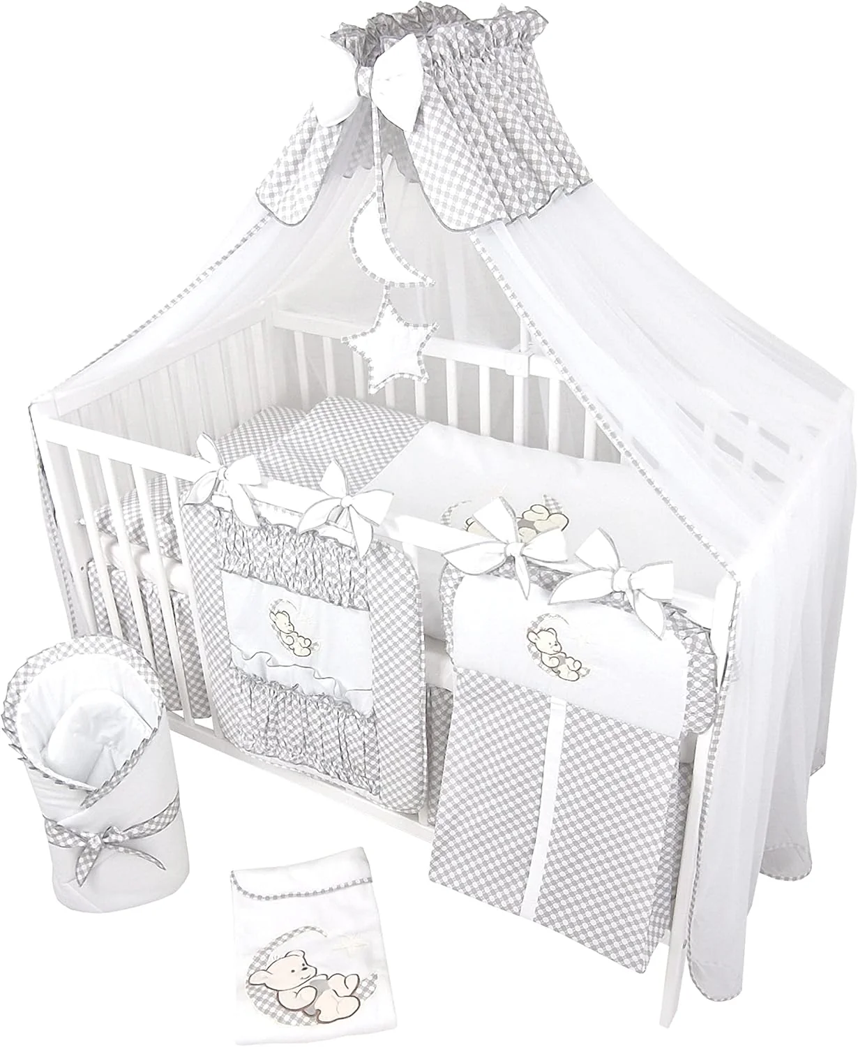 Bello24 - 16-delig babybed wieg en beddengoed compleet set Happy Leo incl. matras in hoogte verstelbaar voor pasgeborenen baby's en peuters van massief hout (Grijs - Teddybeer Maan)