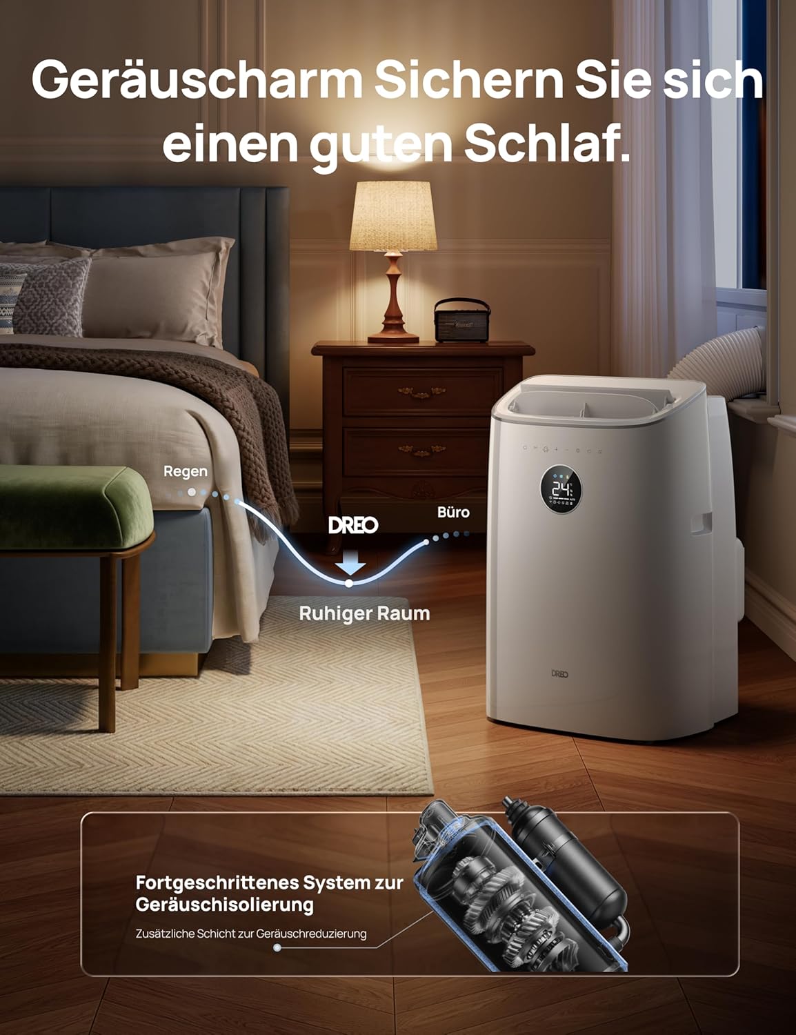 DREO 7500 BTU Mobiles Klimagerät (3-in-1 Kühlen/Ventilieren/Entfeuchten), leise für Schlafzimmer/Büro, Steuerung per App/Sprachbefehl/Fernbedienung, drainagefrei, Fenster-Set, 2,5 L/h, AC318S