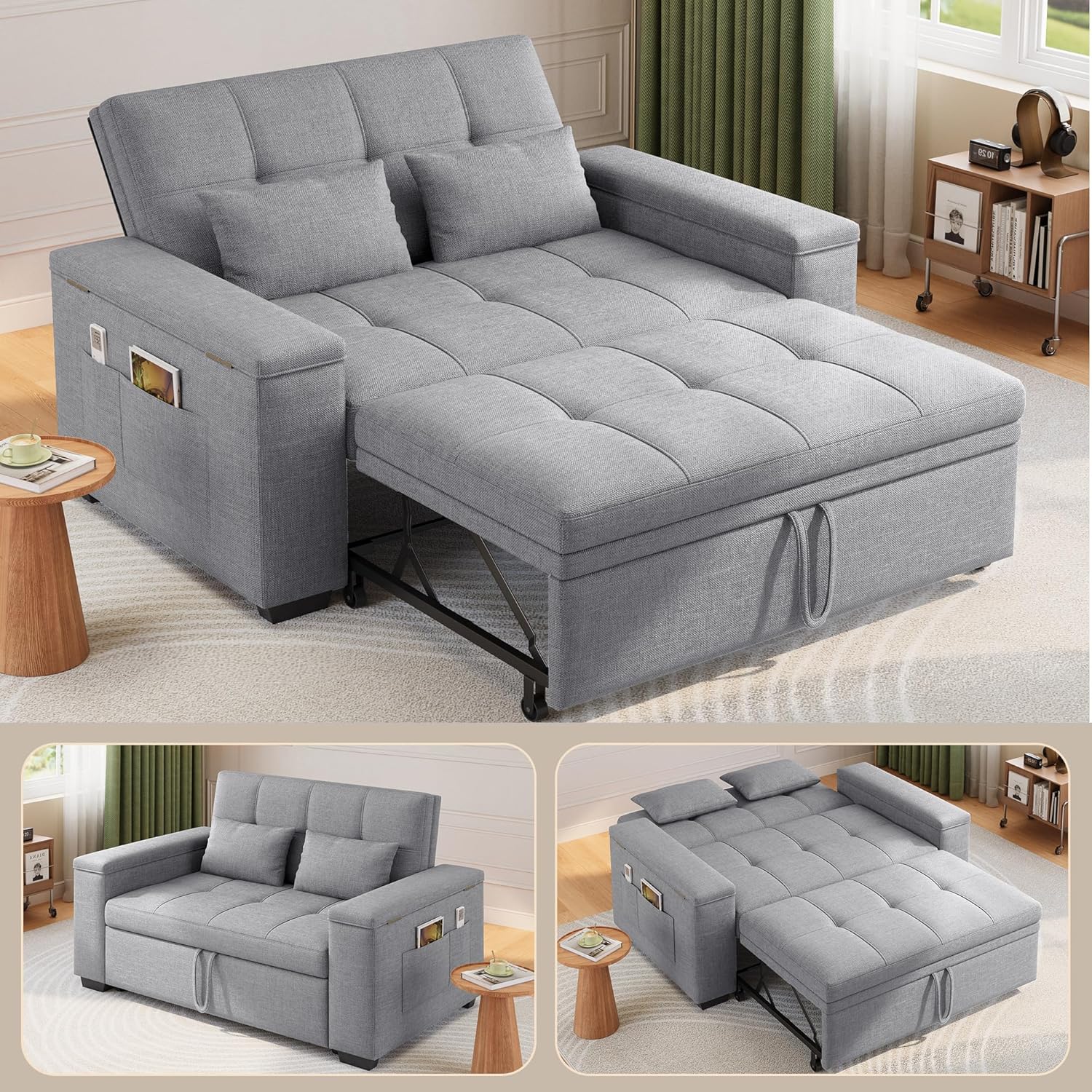 Xbro 3-in-1 Schlafsofa ausziehbar, 2-Sitzer Sofa mit Schlaffunktion, verstellbare Rückenlehne, Leinenstoff mit 2 Kissen und Seitentaschen, für Wohnzimmer, Schlafzimmer oder Büro, Hellgrau