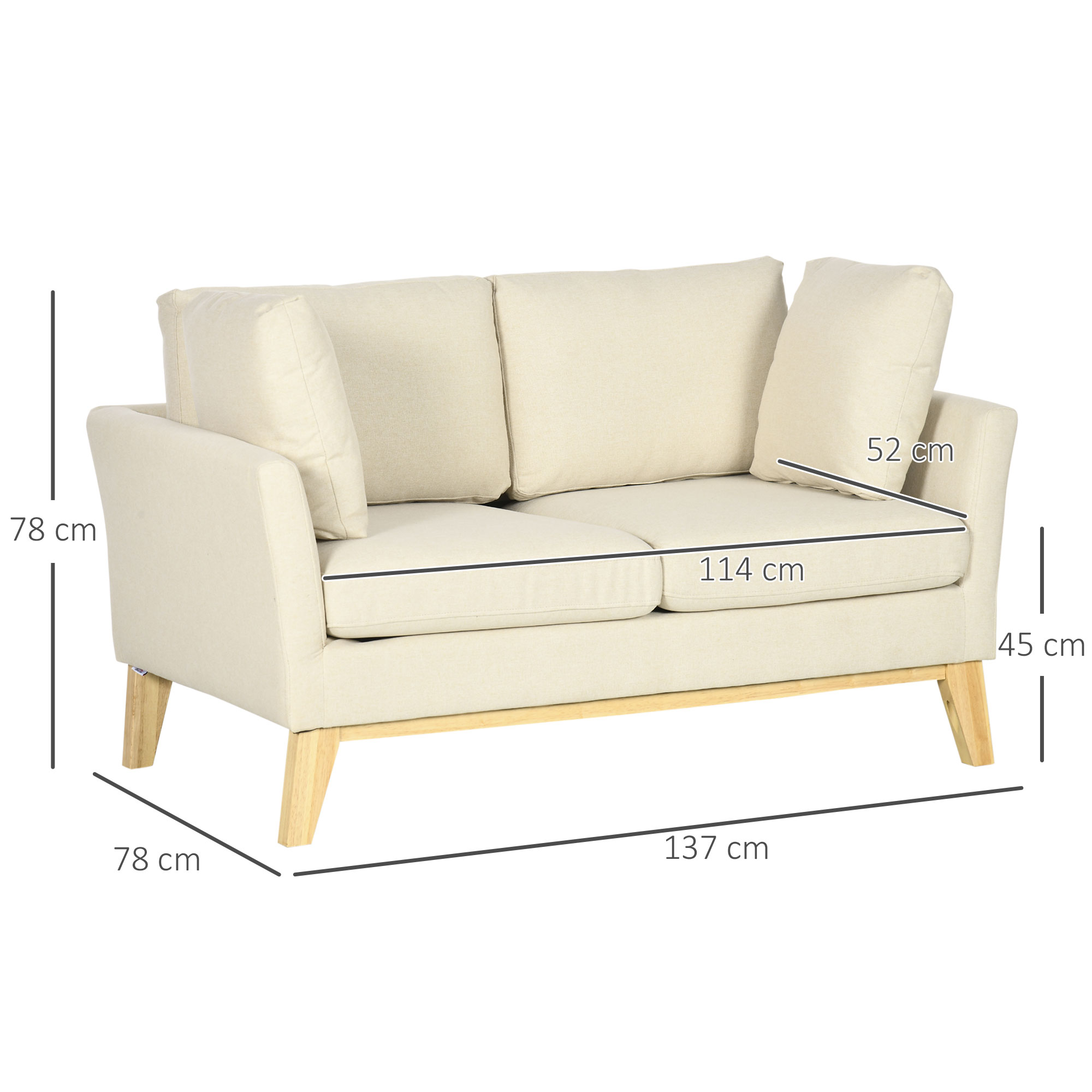 2-zitsbank, Scandinavisch design, 2 sierkussens, frame van natuurlijk hout, beige, 137 x 78 x 78 cm