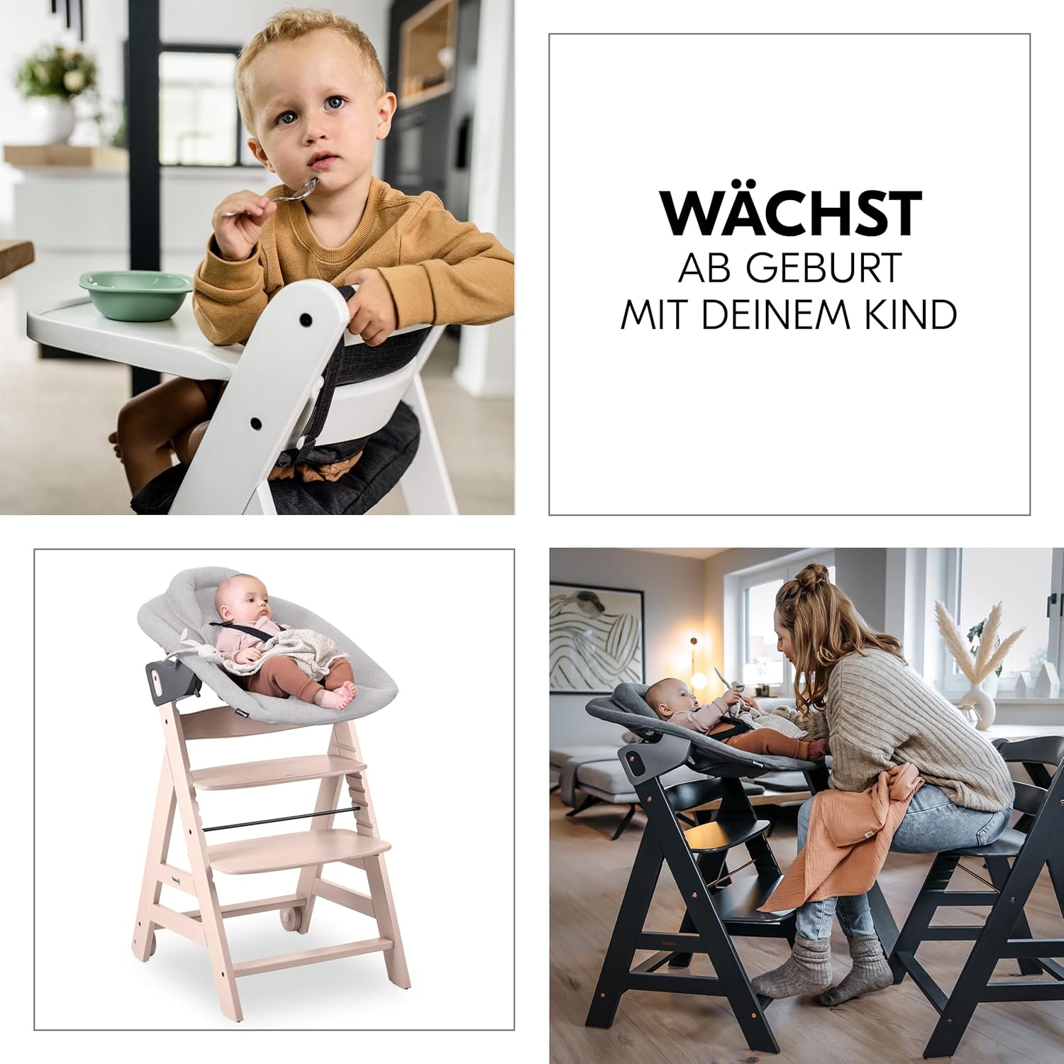 hauck Hochstuhl Beta+ Newborn Set Premium Dark Grey - Babyhochstuhl Set ab Geburt mit Neugeborenen Aufsatz Bouncer, Sitzpolster und Essbrett - Dark Grey