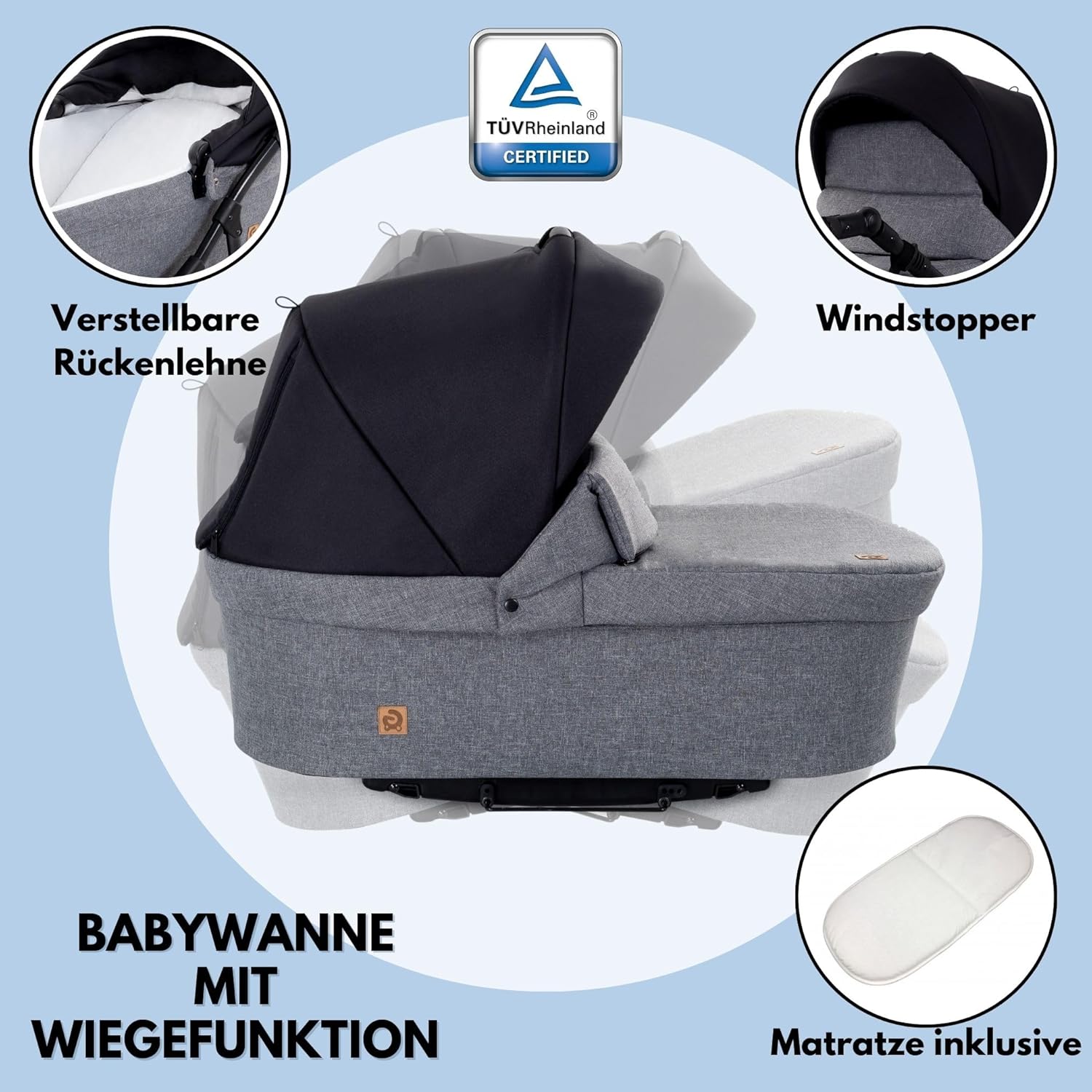 GaGaDumi Boston Kinderwagen 3 in 1 Komplettset mit Autositz - Kombikinderwagen mit großen Rädern - TÜV-zertifiziert - Baby Stroller Set - für Neugeborene und Kleinkinder Grau Jeans