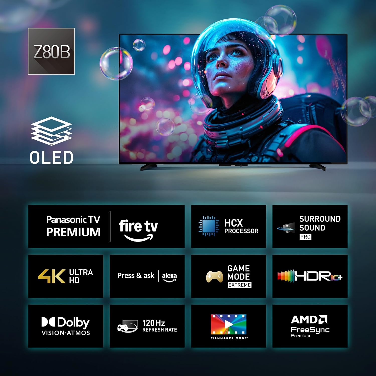 Panasonic Premium TV-55Z80BEZ, Z80B-Serie, 55 Zoll, 4K Ultra HD OLED Smart TV, 2025, Fire TV, Dolby Vision & Atmos, Game Mode Extreme, Alexa & Apple Support, Bluetooth, Schwarz