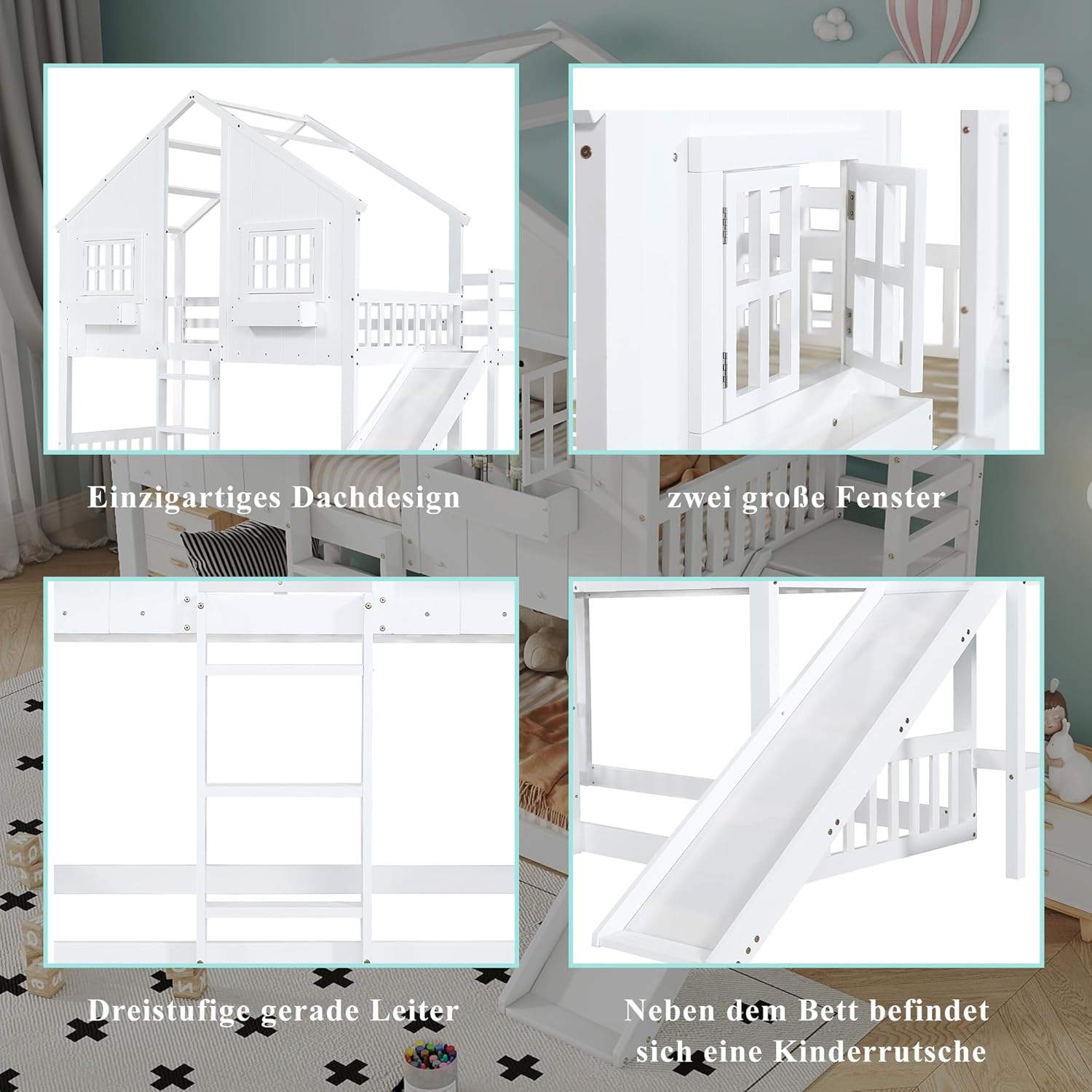 Kinderbett Etagenbett 90x200, Hochbett Hausbett für 2 Kinder, Stockbett mit Rutsche&Leiter&Fenstern&Dach&Aufbewahrungsbox, Doppelbett Holzbett mit Lattenrost&Rausfallschutz, Kiefer, Ohne Matratze,Weiß
