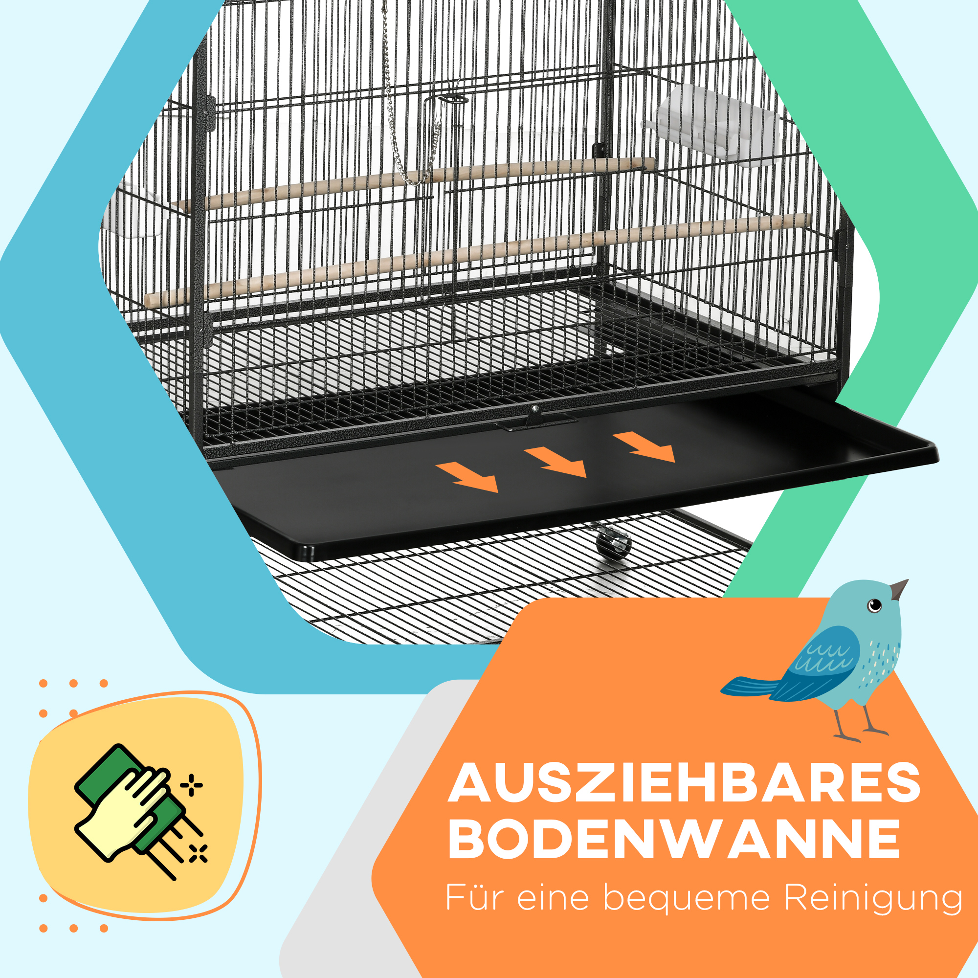 Vogelkooi inclusief zitstokken, vogelspeelgoed, uitneembare vloerbak, 1 plank, grijs
