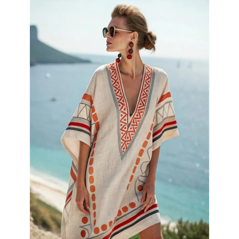 Damen Kaftan Kleid mit Stickerei aus Baumwoll-Leinen-Mix �C Luftiges Boho Sommerkleid f��r Urlaub und Strand �C Lockere Passform