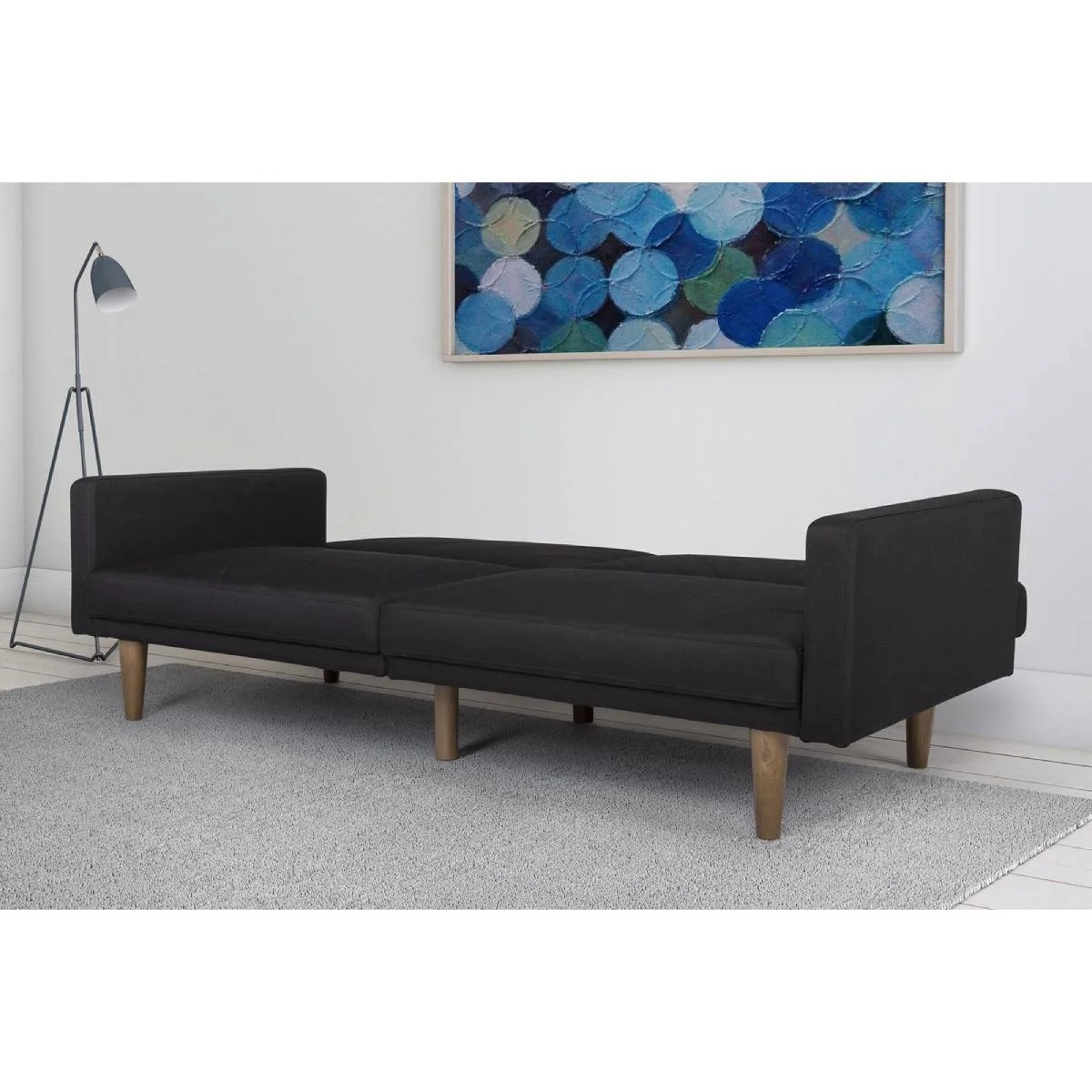2025 Sofa Bed Gestoffeerd in Zwart Linnen in Mid-Century Moderne Stijl met Klassieke Houten Poten