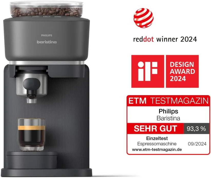 Philips Baristina Espressomaschine - Real Espresso- made simple. Kompakte Kaffeemaschine- Naturwei? mit wei?em Siebtr?ger- 16-bar-Pumpendruck- automatisches Mahlwerk- Cafe Crema (BAR300/00)