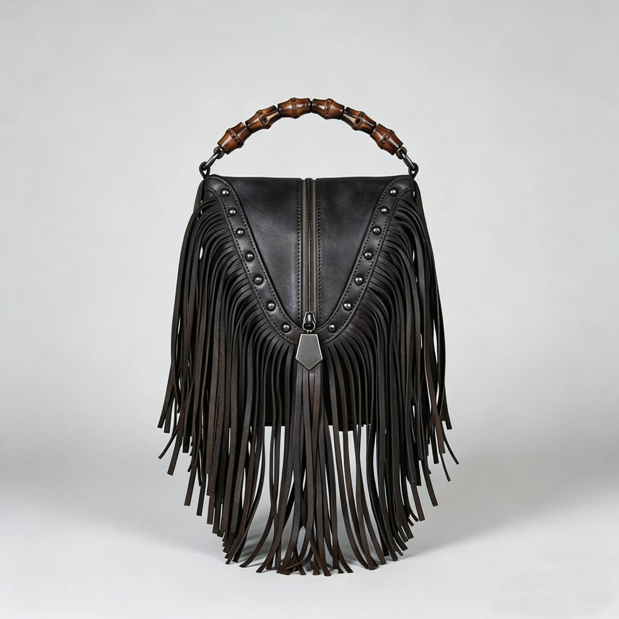 Full Grain Leather Fringe Handbag with Bamboo Handle