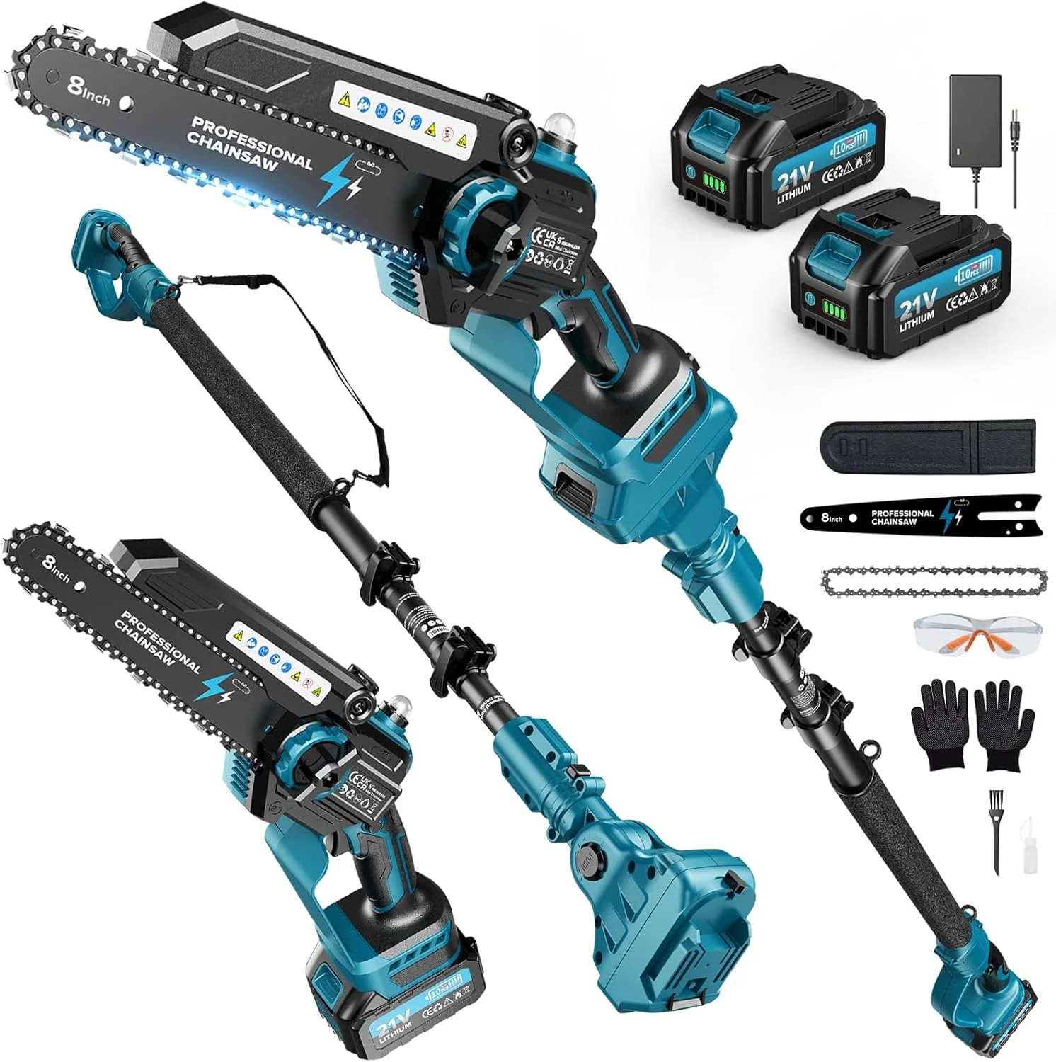 2-en-1 8 Pulgadas Mini Motosierra y Motosierra de Pértiga Inalámbrica con 2 Baterías de 4000mAh, Motosierra sin Escobillas con Telescópicas para Exterior, Extensible hasta 4M