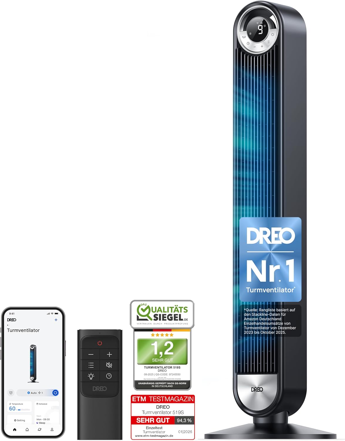 DREO 25 dB Leiser Smart Turmventilator, 106cm Höhe 4 Modi 9-Geschwindigkeit Max 7,9m/s 12H Timer 90° Oszillierender Ventilator mit Fernbedienung Sprachsteuerung Kühlung, Cruiser Pro T2S, Schwarz