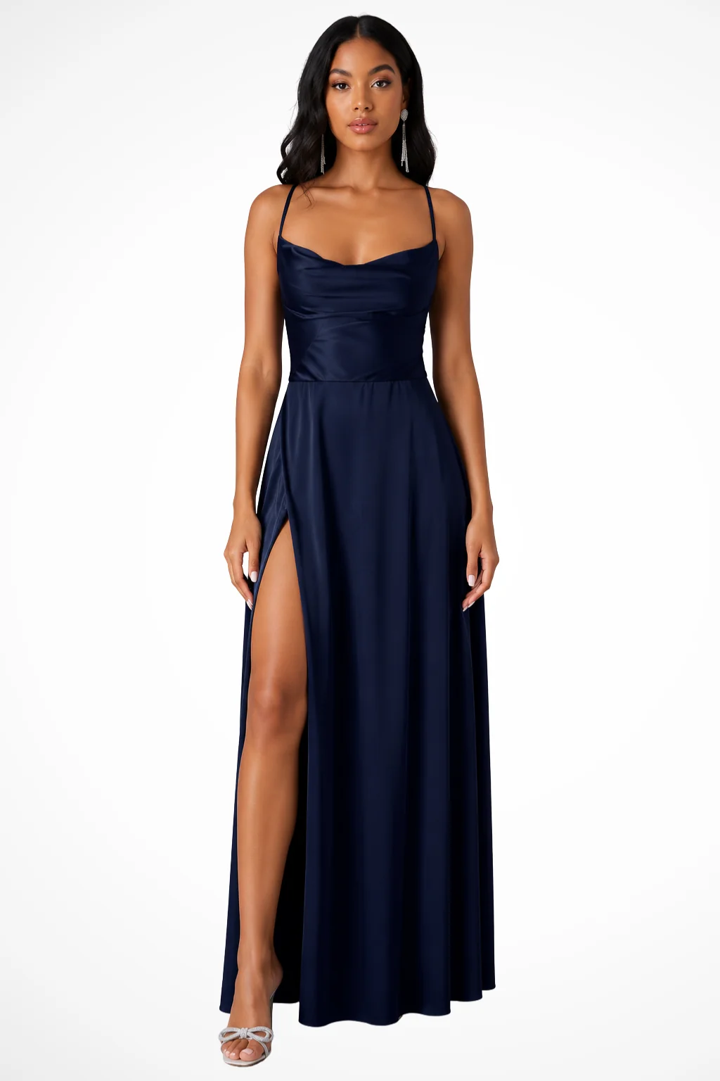 Damen Satin Maxikleid mit Wasserfall-Ausschnitt & Seitenschlitz - Elegantes Abendkleid f��r Hochzeitsg?ste & festliche Anl?sse