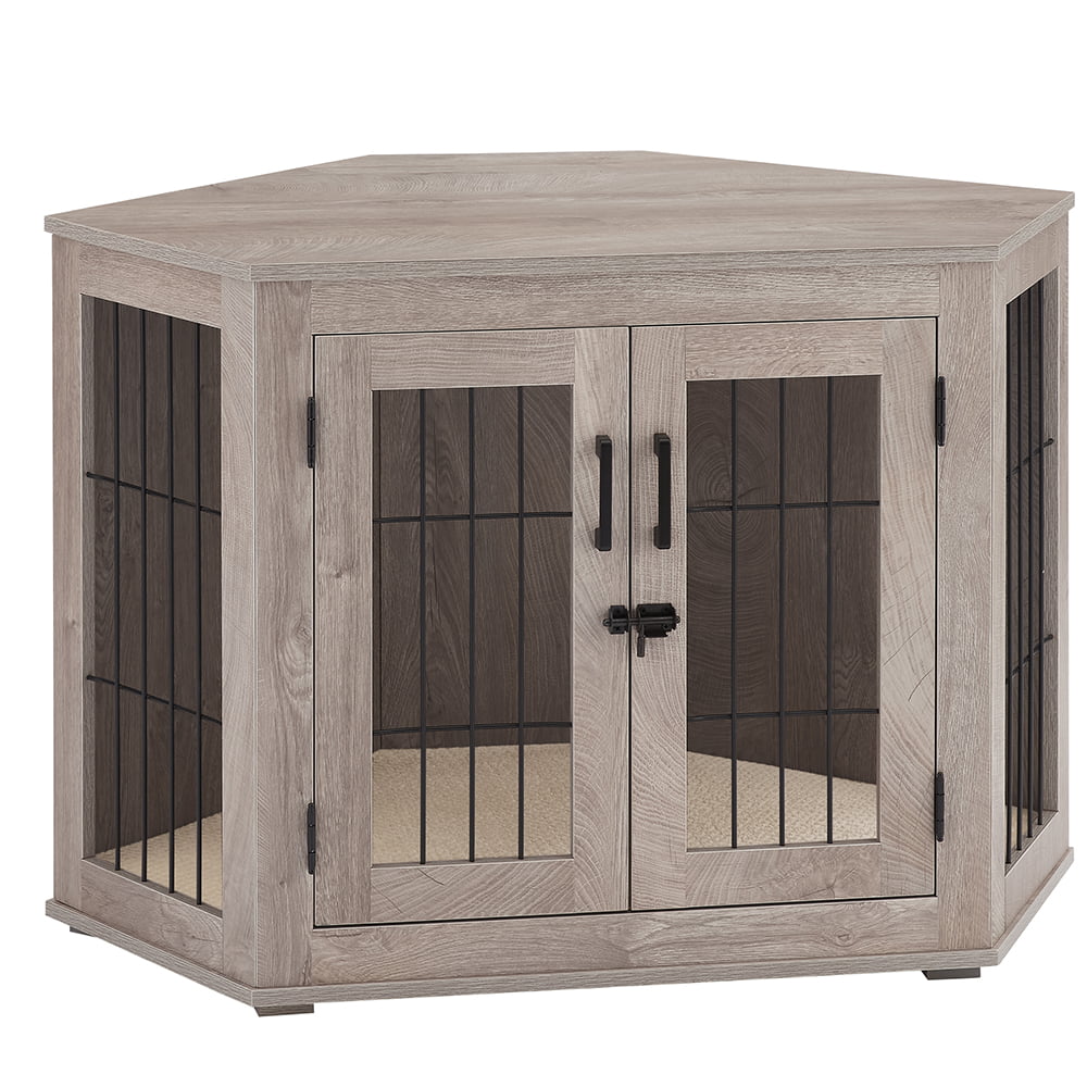 Unipaws Corner Dog Crate Furniture, Wooden Dog Kennel for Dogs Puppy, Pet Crate for Limited Room, Medium, Weathered Gray