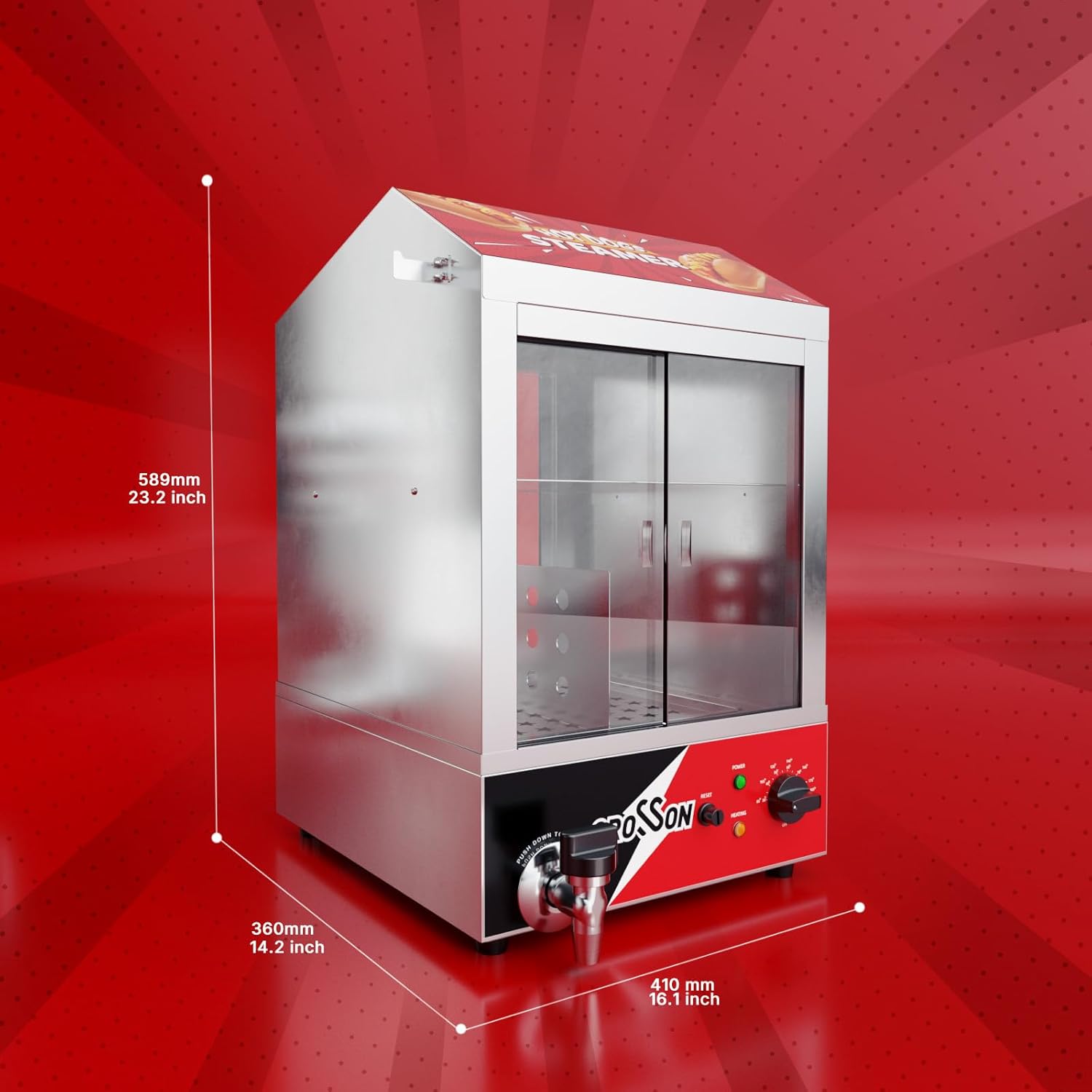 CROSSON Hot Dog Dampfgarer, 42L, 2-stöckiger Hot Dog Hut Dampfgarer, 175 Hot Dogs und 50 Brötchen Brötchen Fassungsvermögen Brötchenwärmer mit sichtbaren Schiebetüren aus gehärtetem Glas