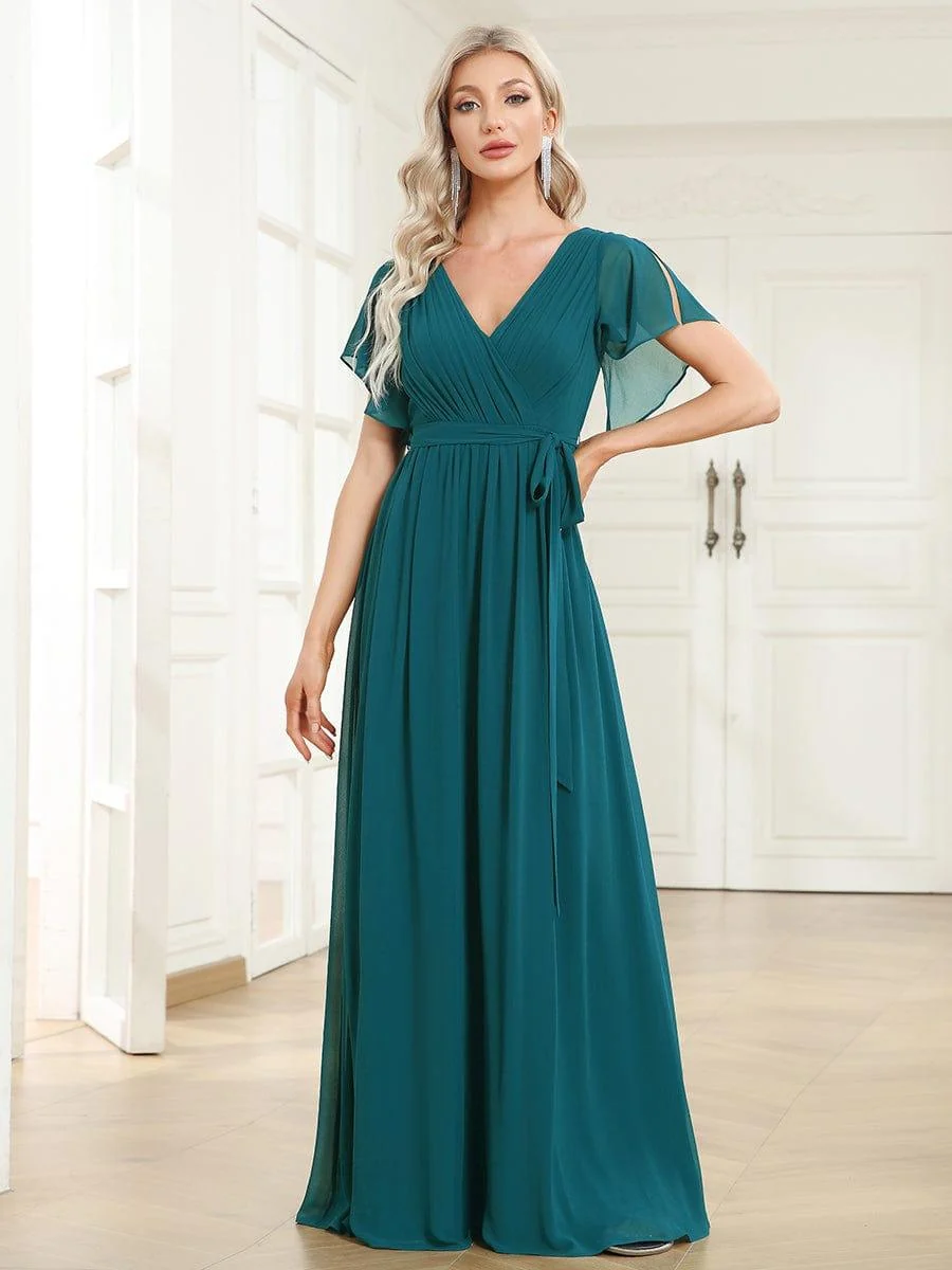 Abendkleid Damen Maxi A-Linie aus Chiffon | Festliches Kleid f��r Hochzeitsg?ste mit V-Ausschnitt und Fl��gel?rmeln