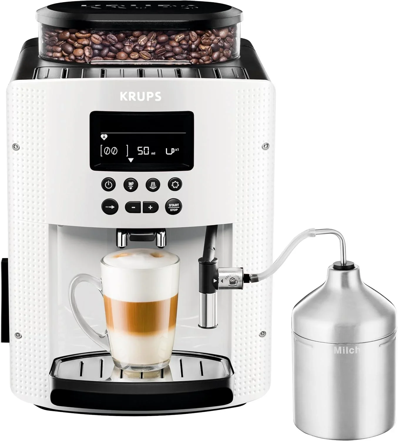 Krups Essential Kaffeevollautomat mit Milchschlauch, 2-Tassen-Funktion, LCD-Display, Einfache Reinigung, Kaffeemaschine, T��V-Siegel, Schwarz, EA816031