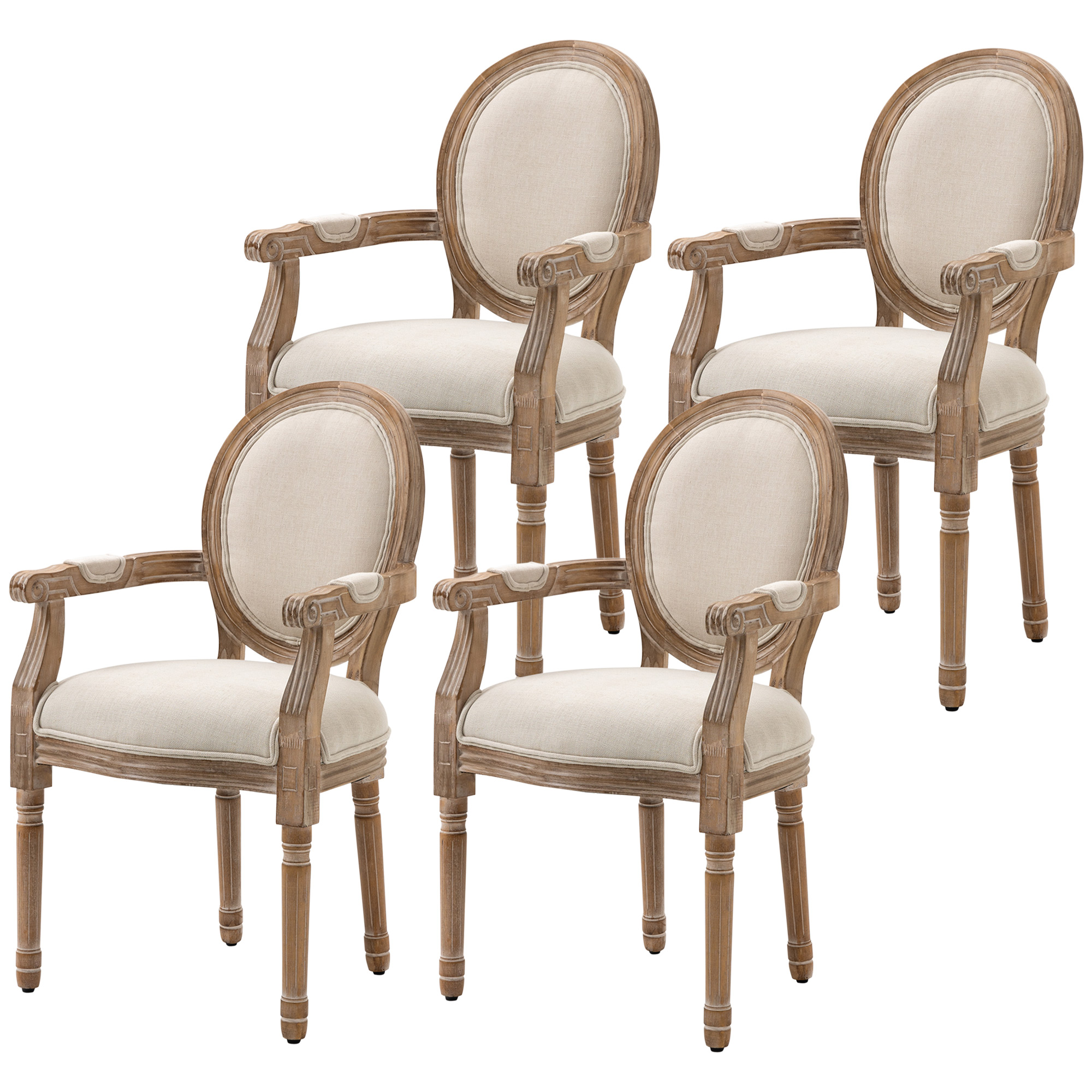 Keukenstoel in Antiek Design, Ademende Bekleding, Linnen Look, Massief Houten Frame, 56 x 54 x 96cm, Cr��mewit