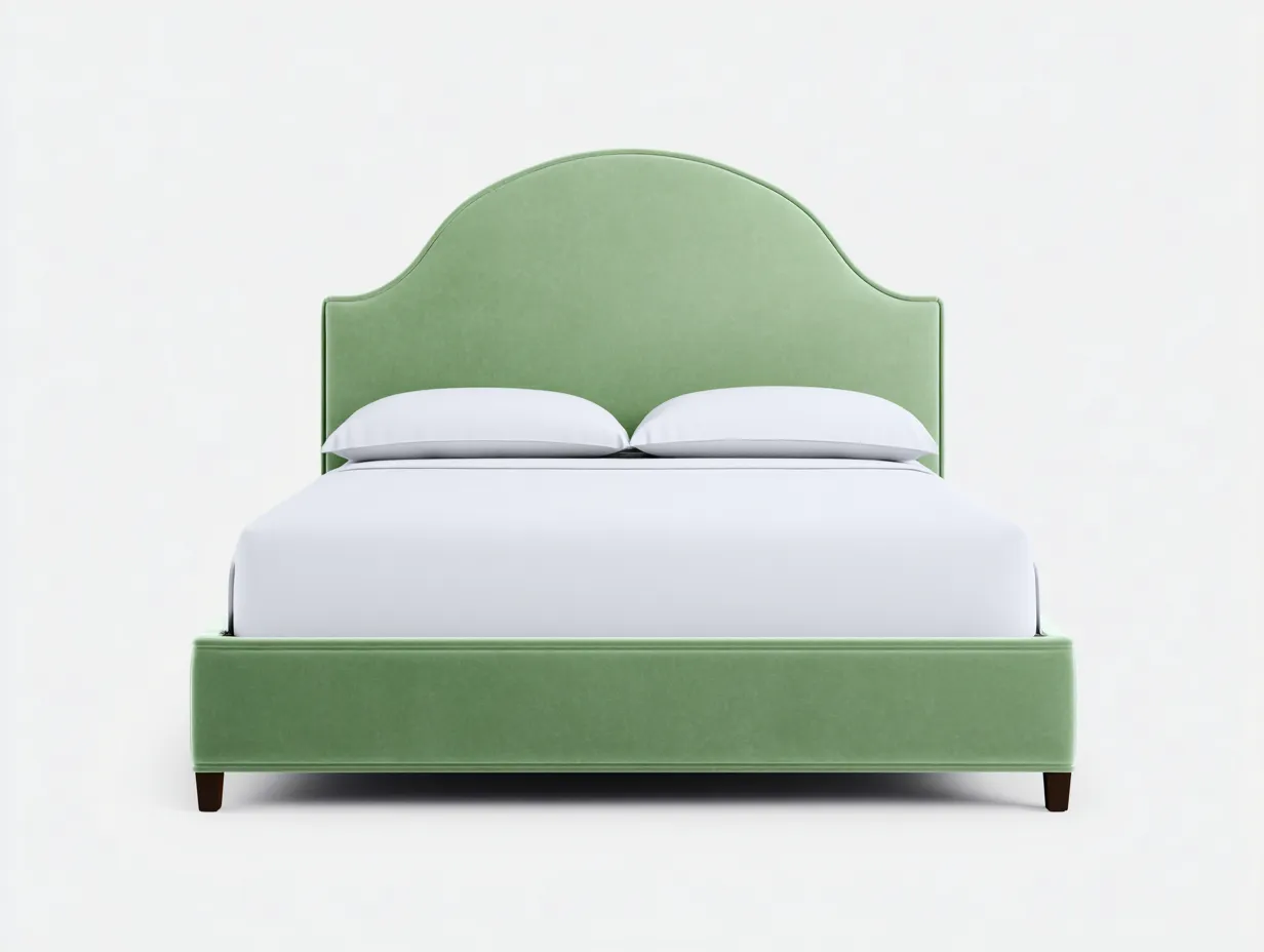 Doppelbett Polsterbett aus Samtstoff 200 x 180 x 125 cm - hellgrün - für das Schlafzimmer - mit geschwungenem Kopfteil