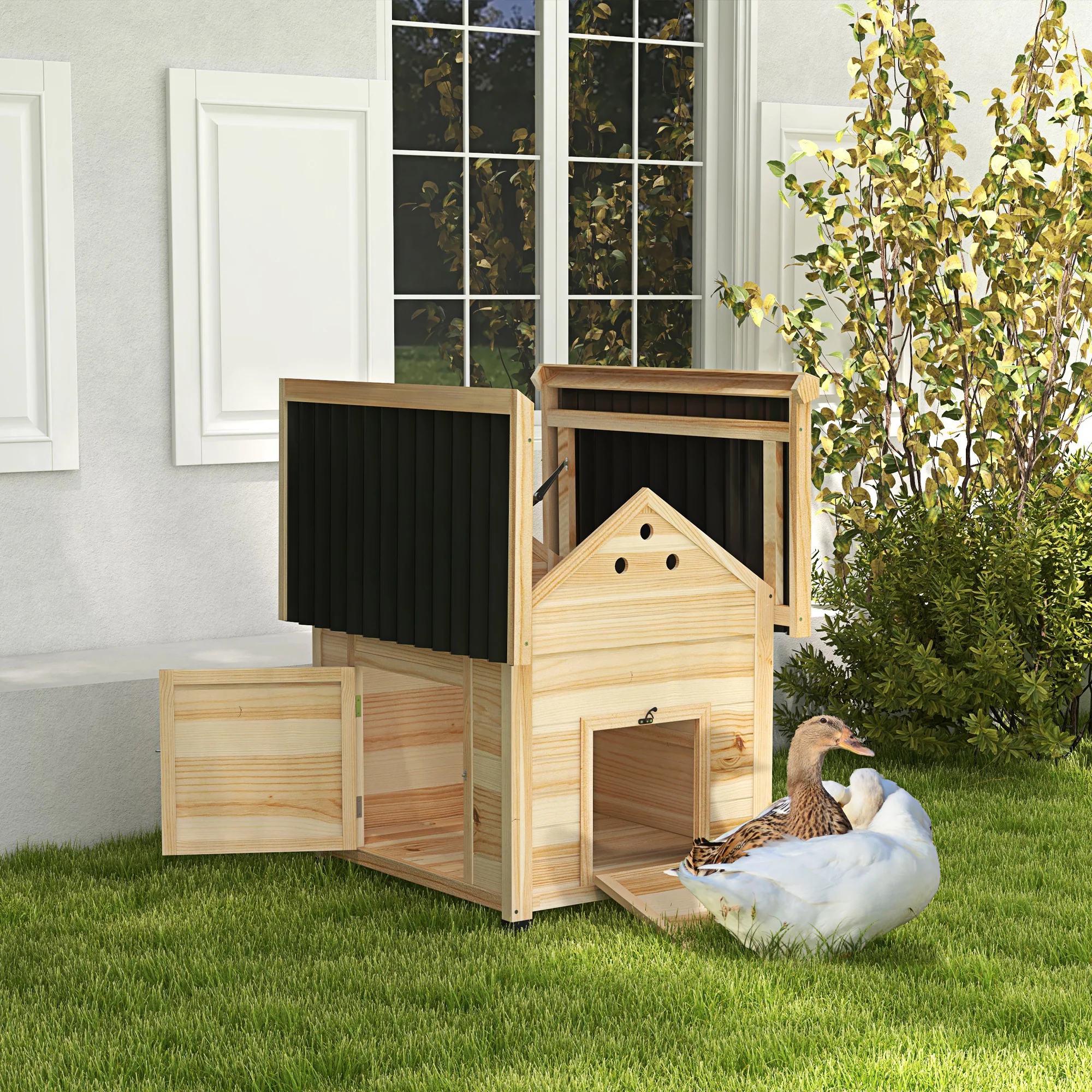 PawHut Entenhaus Eendenhok Kleindierenhok, weerbestendig, 2 ingangen, 2 hellingen, 78 x 90 x 92 cm, 'Natuur + Zwart'