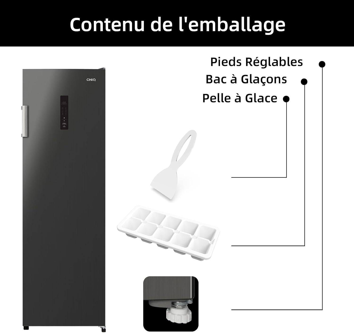 CHiQ Congélateur Armoire 206L No Frost Inverter Noir (CSD206NEID) | Multi Air Flow, Ultra-Bas -32°C, Silencieux 39dB, Réfrigérateur Congélateur Commutable, Hauteur 1705mm