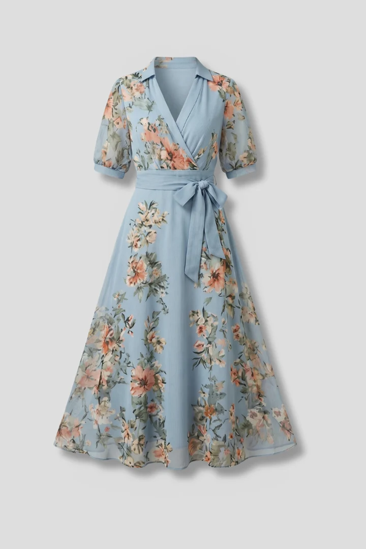 Damen Wickelkleid mit V-Ausschnitt und Bindeg��rtel | Florales Maxikleid mit kurzen ?rmeln | Luftiges Sommerkleid