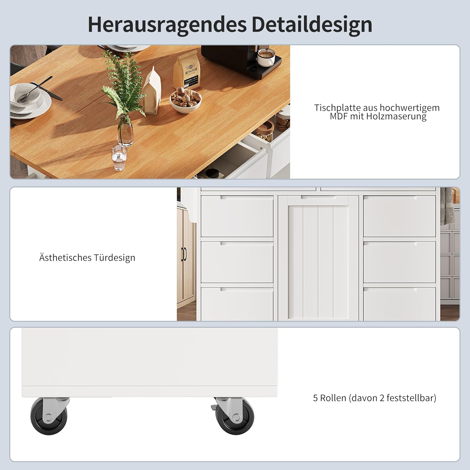 Kücheninsel, Moderne Küchenschrank, Ausziehbarer Küchenwagen mit Rollen und Arbeitsplatte, Servierwagen mit Gewürzregal und 8 Schubladen (Weiß)