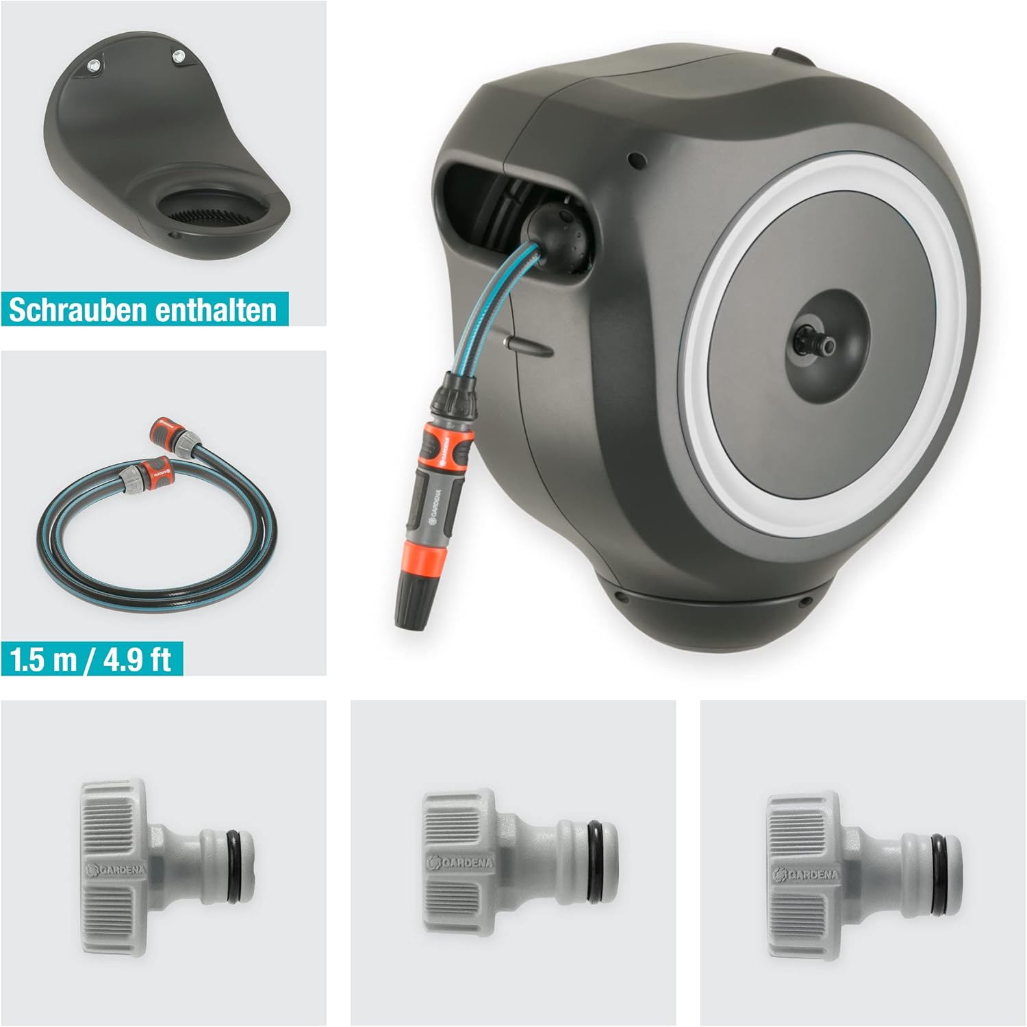 Gardena Wand-Schlauchbox RollUp M 20 m: Flexible Bewässerung für mittelgroße Gärten, schwenkbare Schlauchtrommel, mit Wandhalterung, Systemteilen und Spritze inkl. 20 m Gardena Schlauch (18612-20)
