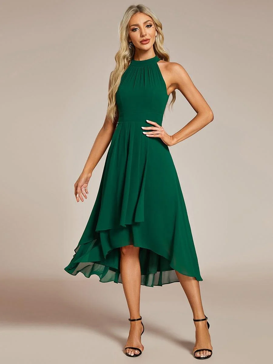 Damen Chiffon Midi-Kleid in A-Linie | Festliches Halterneck Kleid mit Plissee-Details | Sommerliches Kleid f��r Hochzeitsg?ste