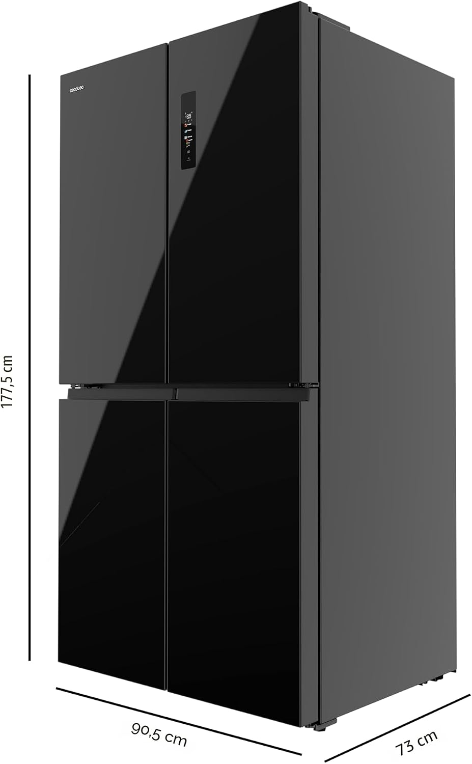 Cecotec Side-by-Side Kühl-Gefrierkombination 4 Türen Bolero CoolMarket 4D 601 Black Glass E. 601L, Inverter-Motor, 90cm, No Frost, ECO, Schnellkühlung, Display, Temperaturalarm, Elegantes Design, Glas
