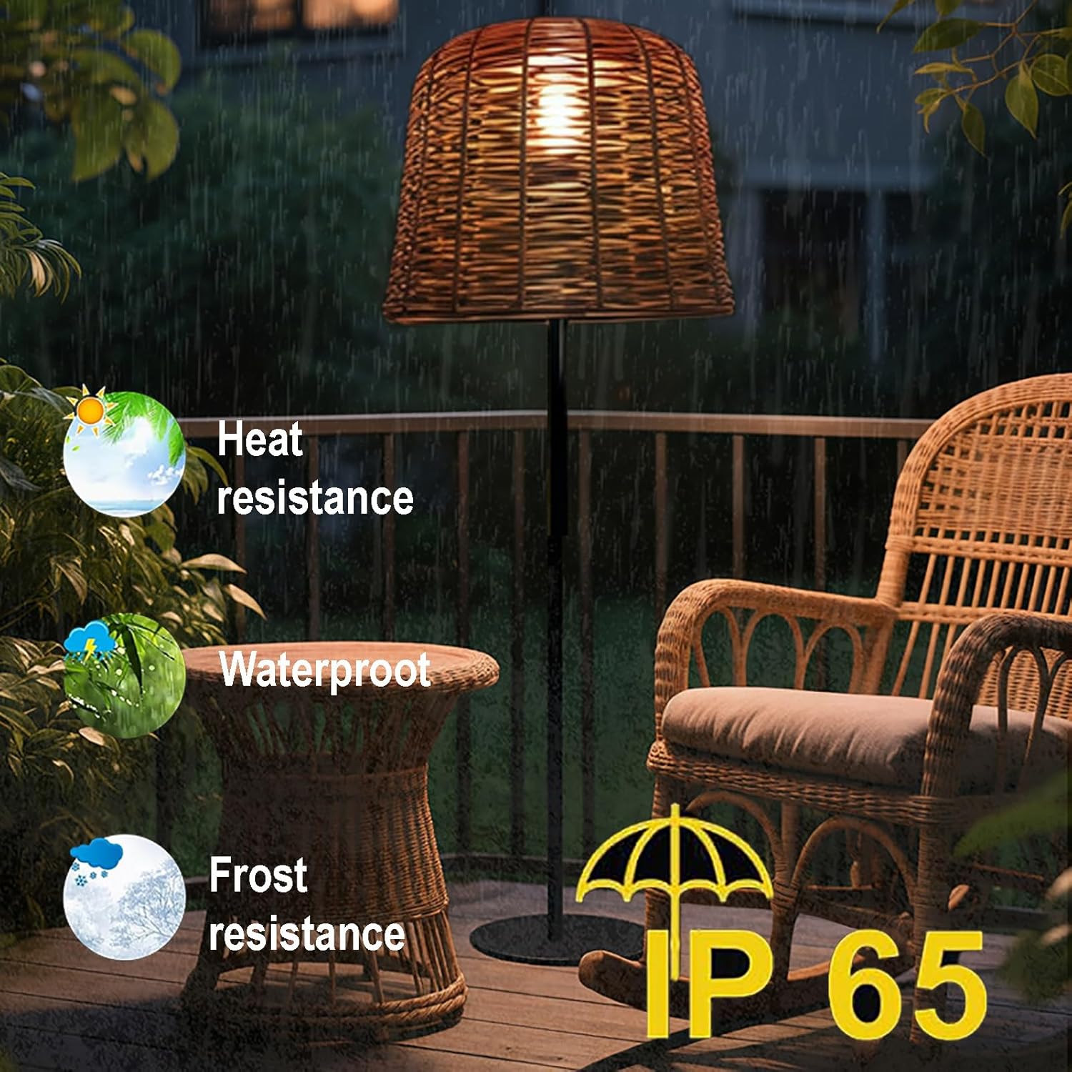 So Outdoor Stehlampe Rattan Design mit Metallsockel Schnurlos So & USB C Aufladen Wasserdicht LED Stimmungsbeleuchtung für Terrasse Garten Landschaft & Hinterhof Dekor