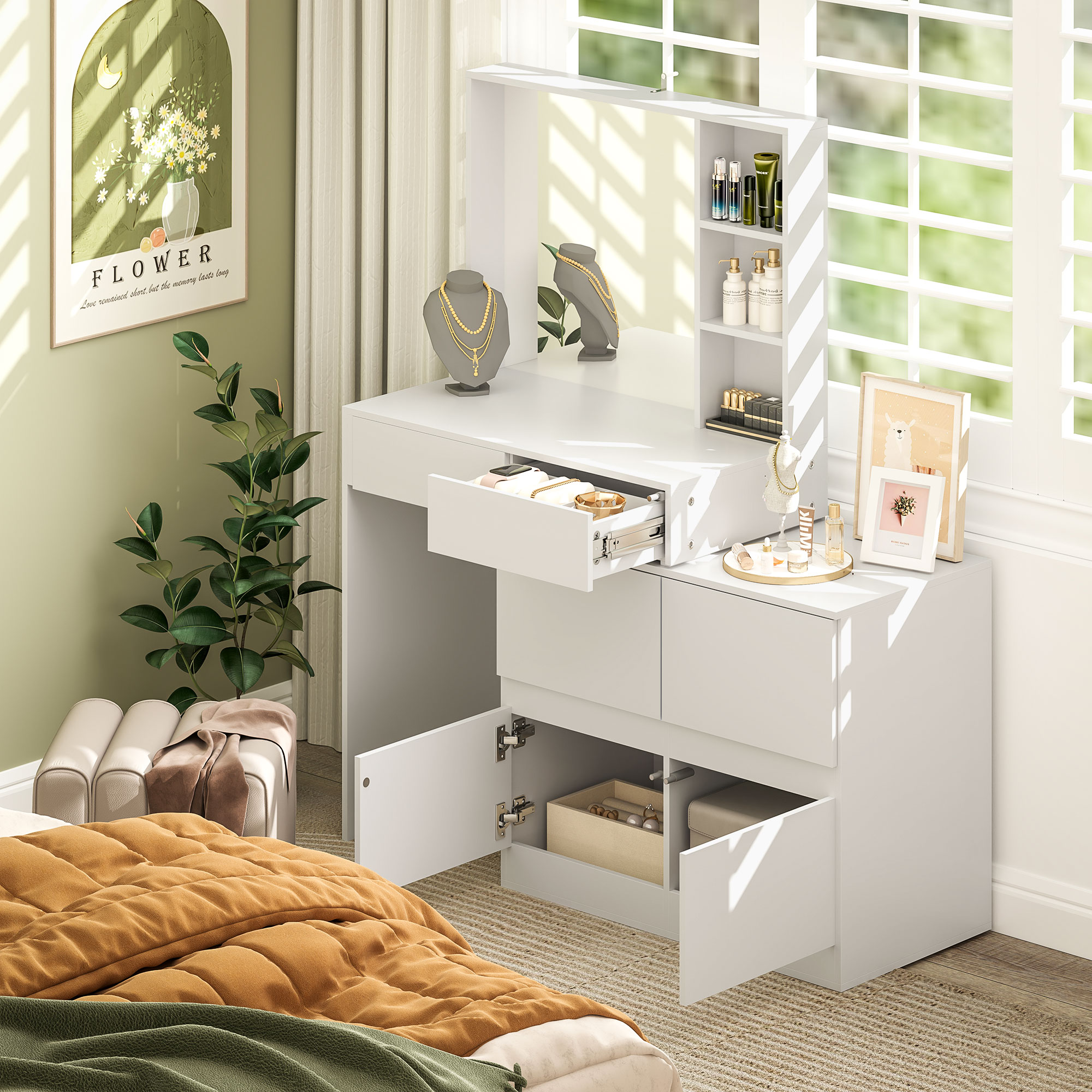 Kaptafel, Makeup-Tafel met Grote Spiegel, 4 Laden, 3 Open Vakken, 2 Kasten, MDF, Wit