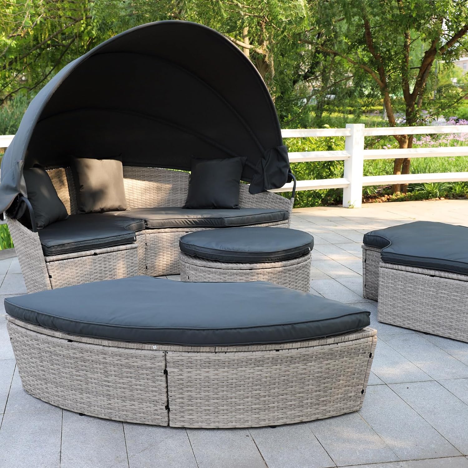 Poly Rattan Sonneninsel XL mit faltbarem Sonnendach Ø 180/210 cm inkl. Auflagen Kissen, Lounge Sonnenliege Gartenmuschel (Hellgrau, Dia 180)