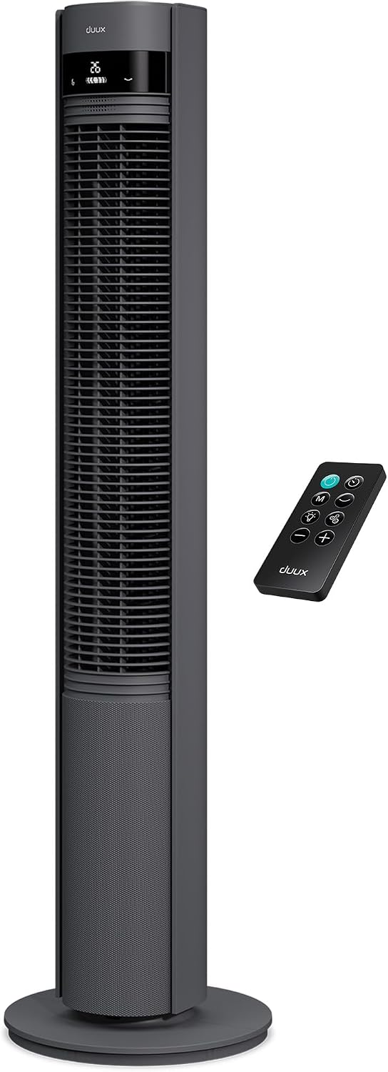 Duux Elevate Ventilateur Colonne – 26 Vitesses, Oscillation 80°, Seulement 25 dB, Ioniseur, Minuterie (1–12h), Mode Nuit, Écran Tactile & Télécommande – Silencieux & Intelligent – Gris