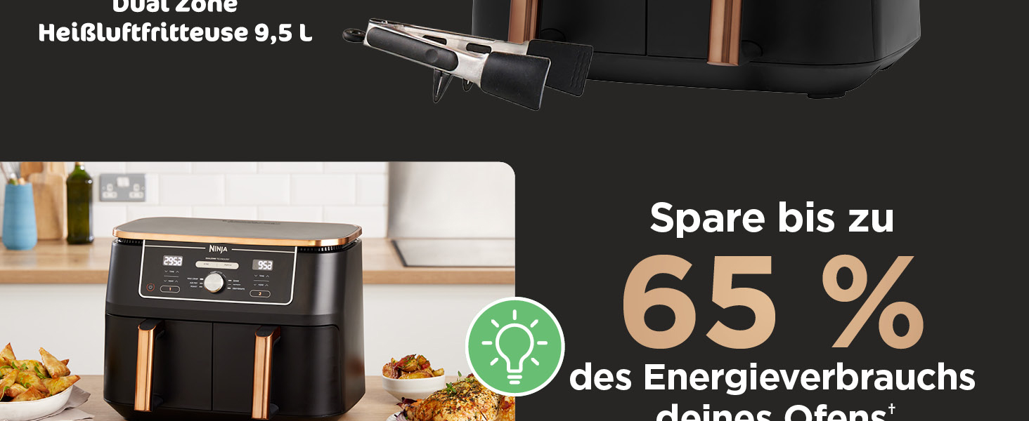 Der Text lautet „Spare bis zu 65% des Energieverbrauchs“. Werbebild, das Küchen- oder Haushaltsgerät mit Energieeinsparungsbotschaft auf Deutsch zeigt.