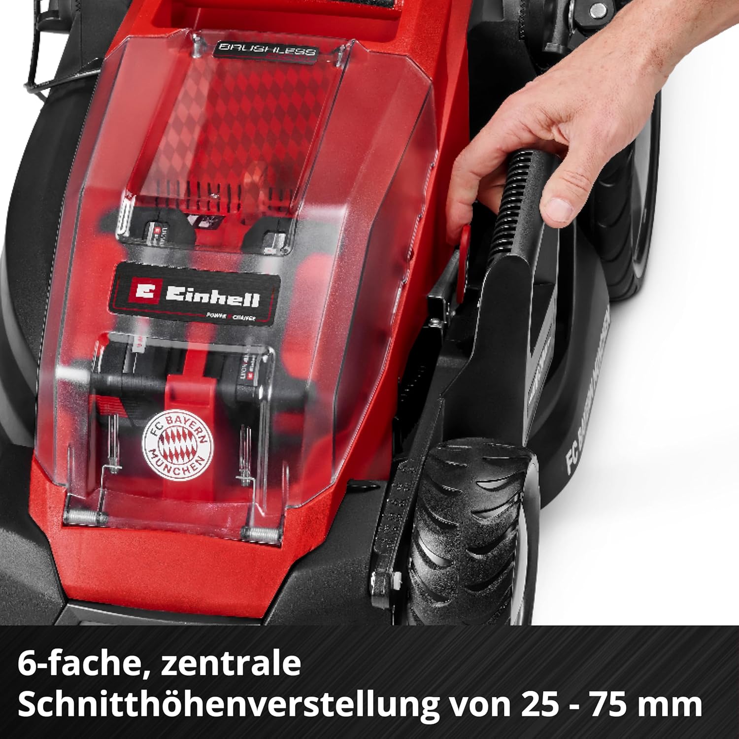 Einhell Akku-Rasenmäher GE-cm 36/36 Li Kit FC Bayern Power X-Change (36 V, 36 cm Schnittbreite, bis 400 m², Brushless, 25-75 mm Schnitthöhe, inkl. 2X 4 Ah Akku und 2X Ladegerät)