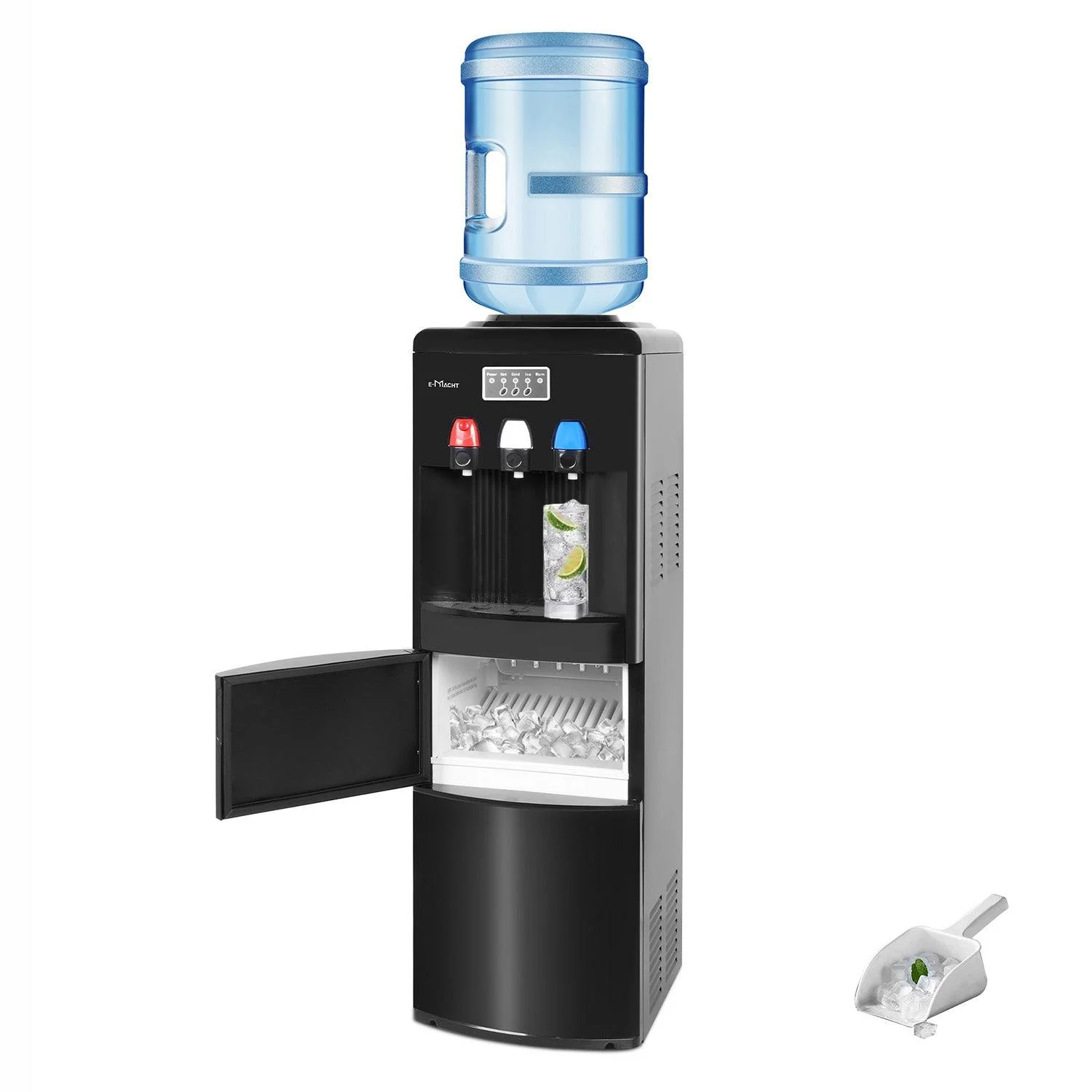 Dispensador de agua 2 en 1 con fábrica de hielo – Para botellas de 3 a 5 galones – Seguridad infantil – Negro