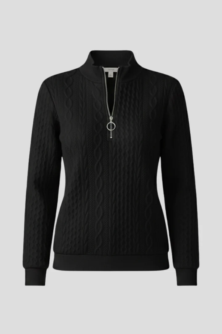 Damen Strickpullover mit Zopfmuster und Rei?verschluss am Kragen | Klassischer Troyer Pullover mit geradem Saum