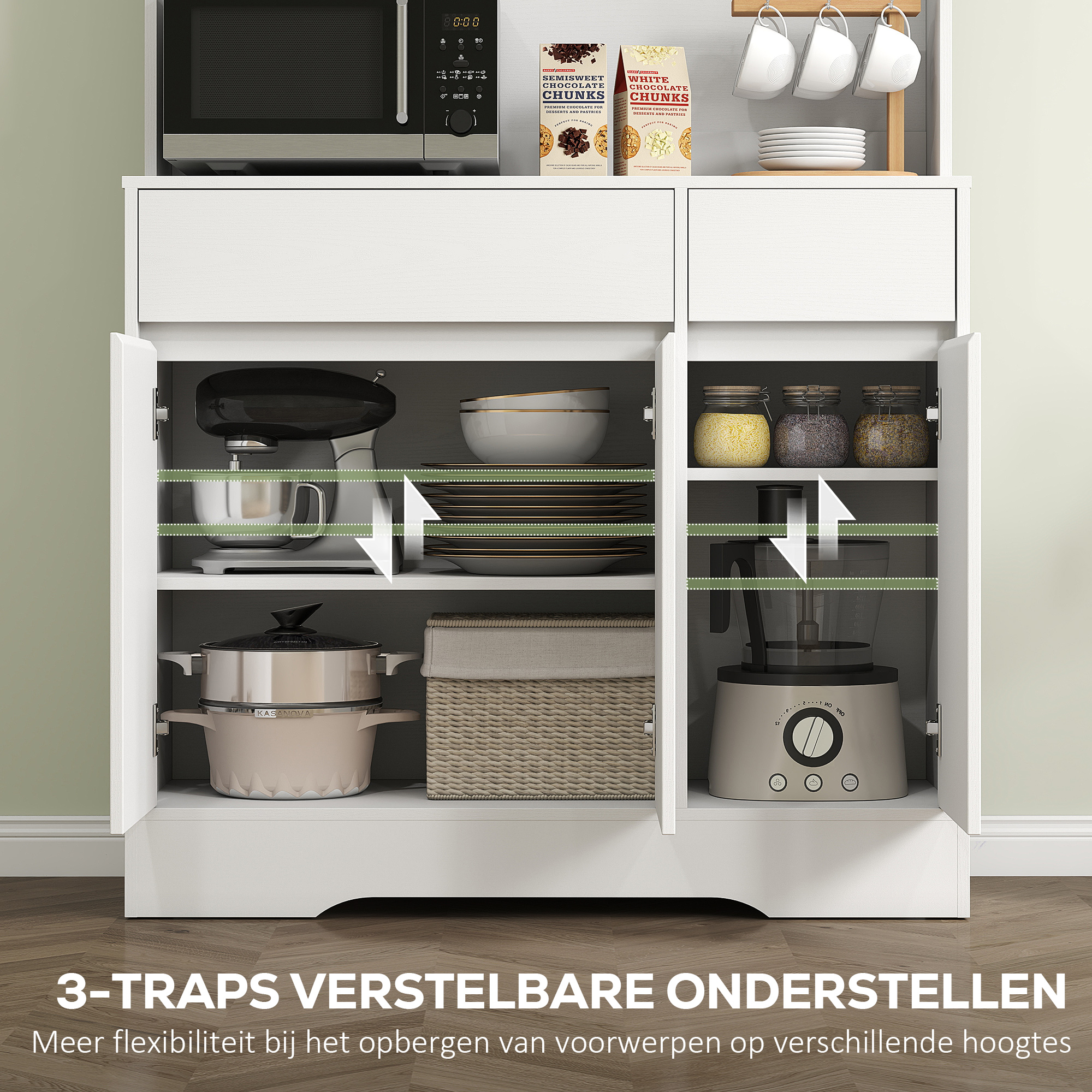Keukenkast met Open Werkblad, 6 Kastdeuren, 2 Laden, Verstelbare Planken, Kabelgaten, Spaanplaat, Wit