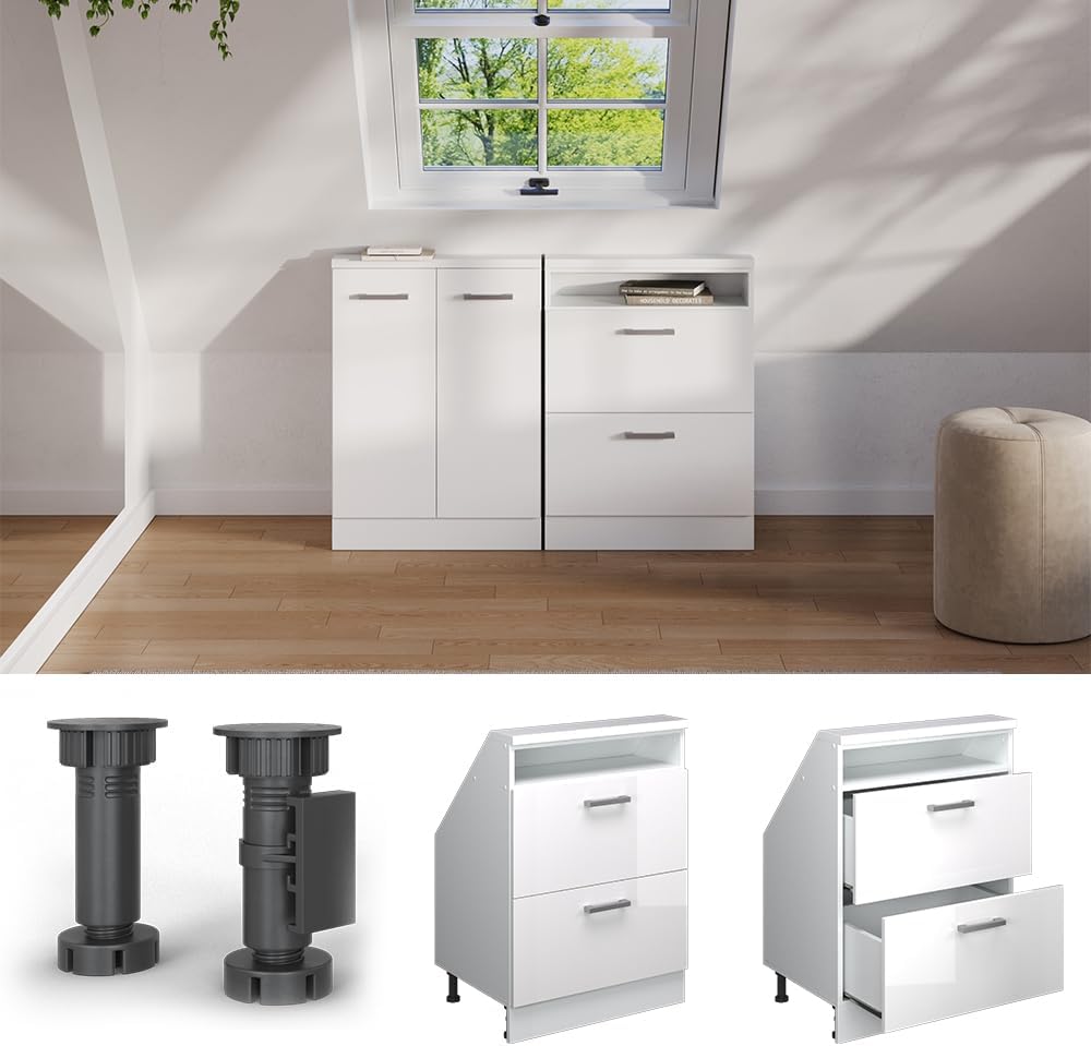 Vicco Dachschrägenschrank Rion, Weiß Hochglanz/Weiß, mit 2 Schubladen
