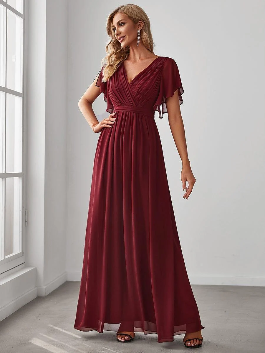 Abendkleid Damen Maxi A-Linie aus Chiffon | Festliches Kleid f��r Hochzeitsg?ste mit V-Ausschnitt und Fl��gel?rmeln