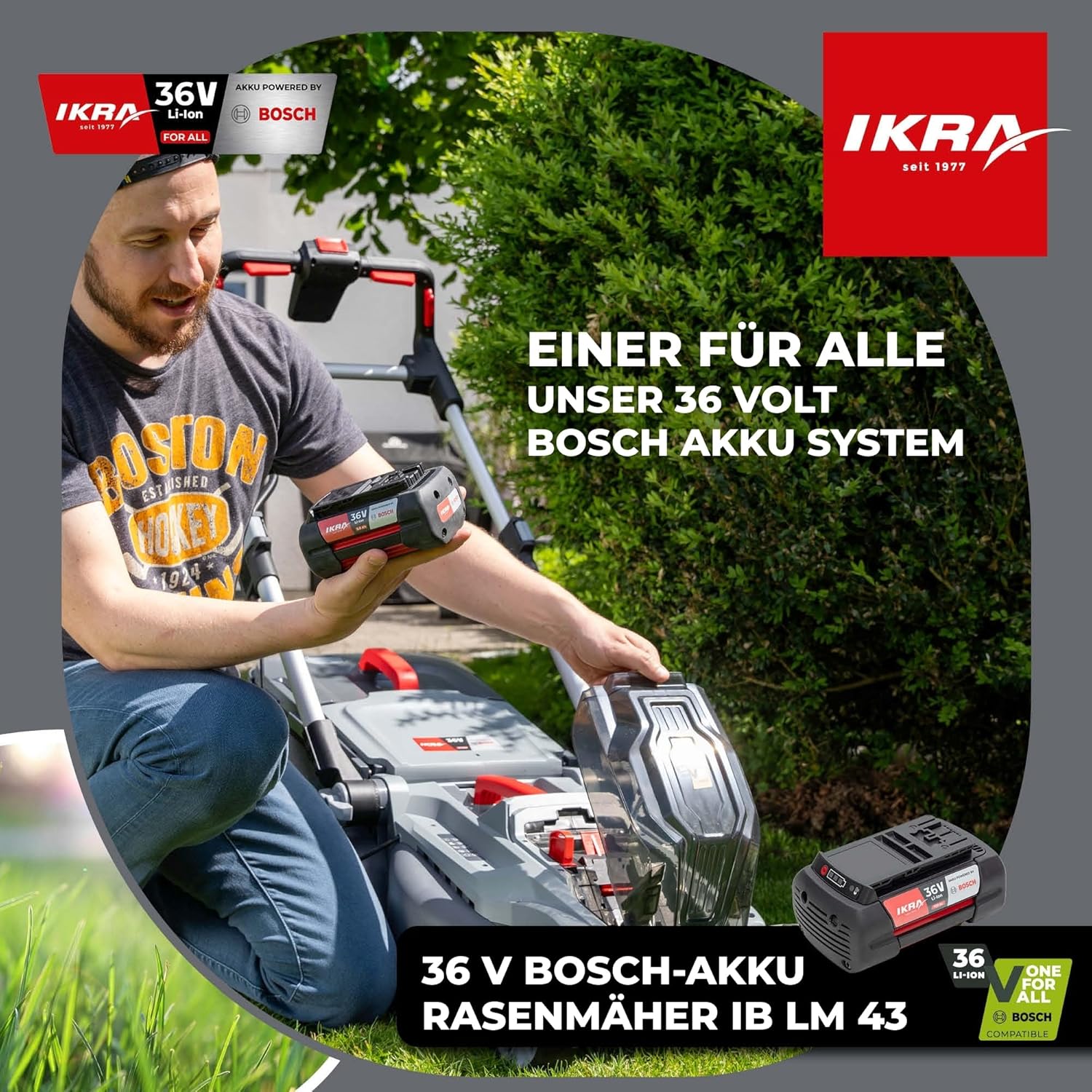IKRA Bosch 36V Akku 3in1 Rasenmäher Mulchmäher IB-LM 43, Rasenflächen bis 600m2, Schnittbreite 43cm, Schnitthöhe 30-75mm, ohne Akku  und  Ladegerät