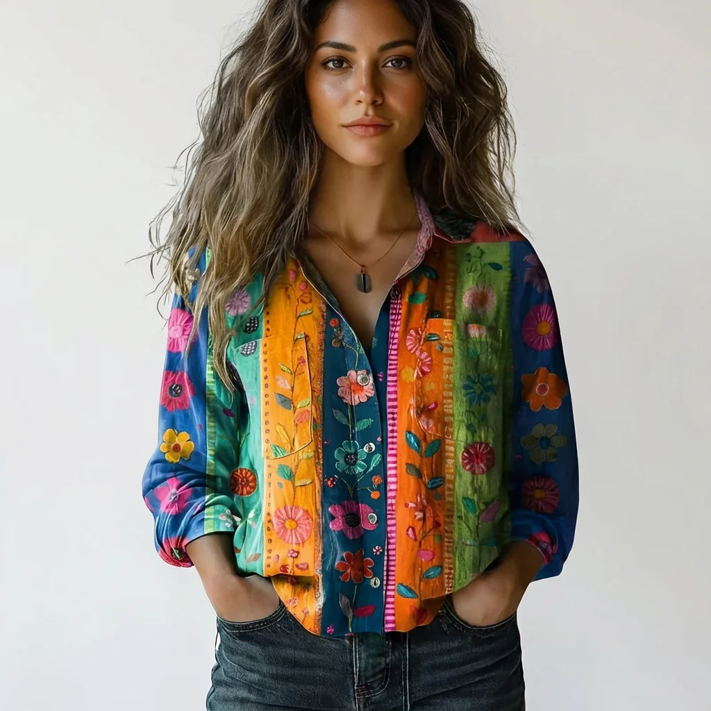 Damen Bluse mit botanischem Print | Leichtes Sommerhemd mit Knopfleiste | Luftiges Oberteil f��r Freizeit und den Urlaub