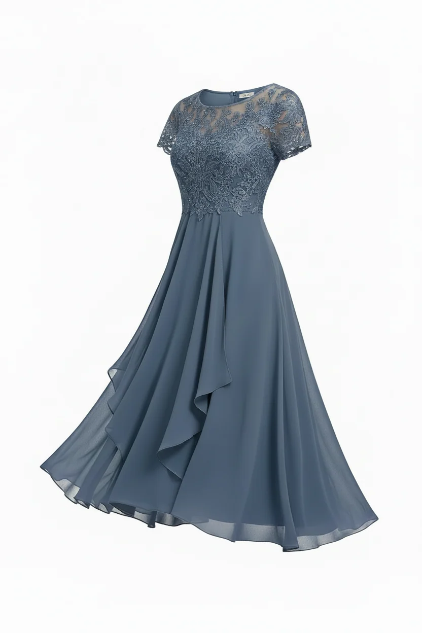Elegantes Midi-Hochzeitsgastkleid mit Stickerei