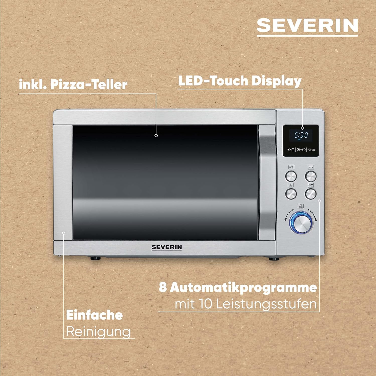 SEVERIN Mikrowelle mit Grill und Heißluftfunktion 3-in-1, zum Auftauen, Garen und Erhitzen, Mikrowelle mit Drehteller, Edelstahl-gebürstet/silber, MW 7774