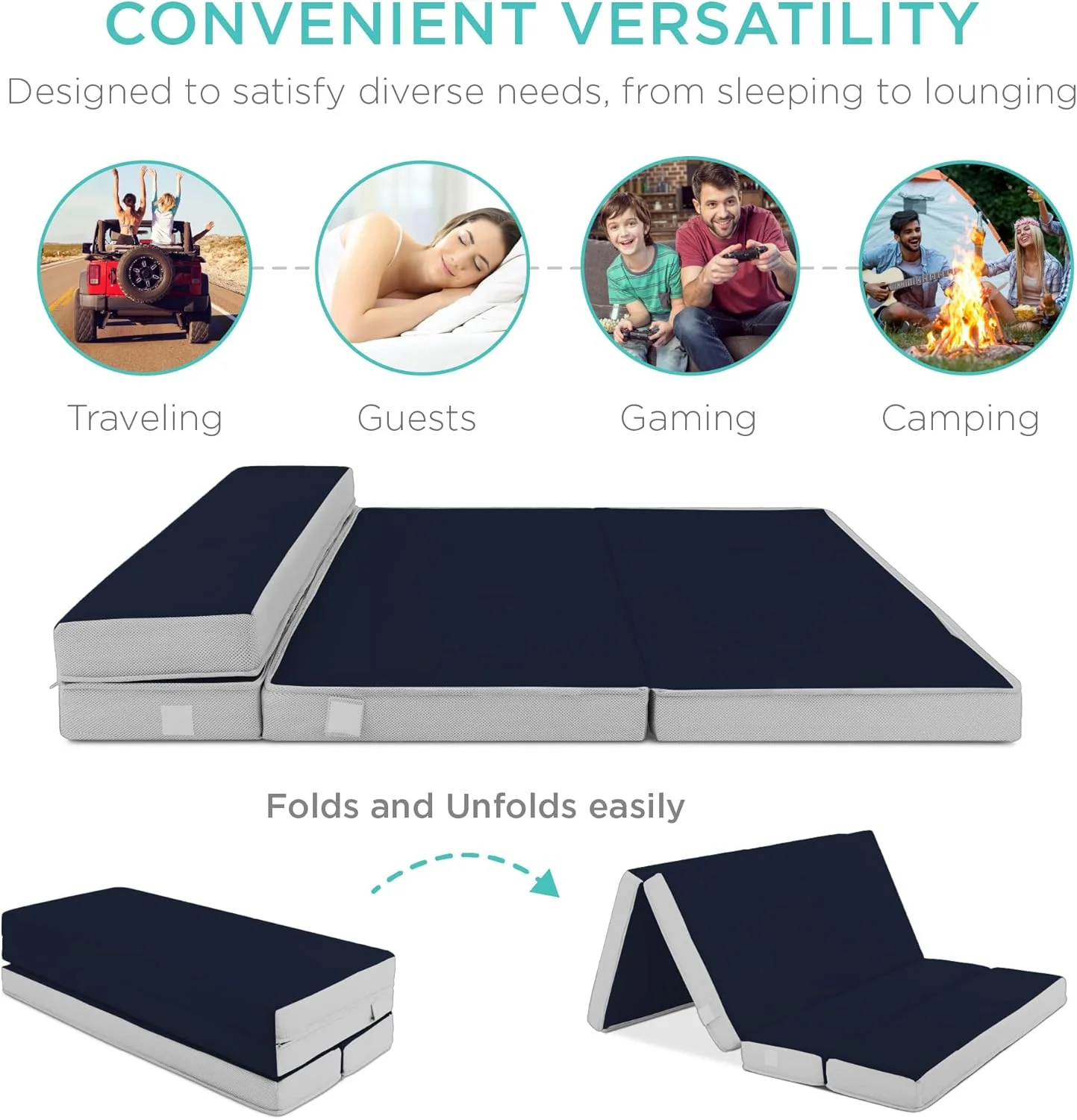 Best Choice Products 4in Portable Queen-Size Mattress. Tri-Fold Mattress for Camping. Guest. Toddler. Foam Plush w/Carry Case - Grey