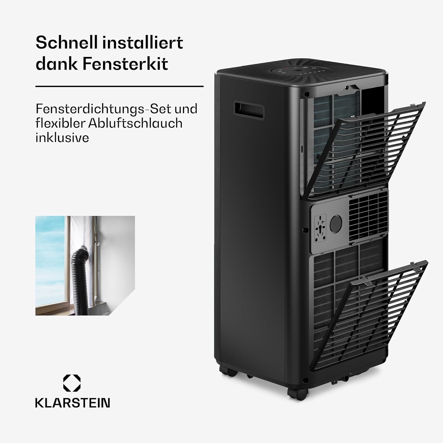 Klarstein AireLux Mobile Klimaanlage – 9.000 BTU, Für Räume bis 33 m², 3-in-1: Kühlung, Entfeuchter & Ventilator, Energieeffizienzklasse A, Smart App & Sprachsteuerung, Mit Abluftschlauch, Dunkelgrau